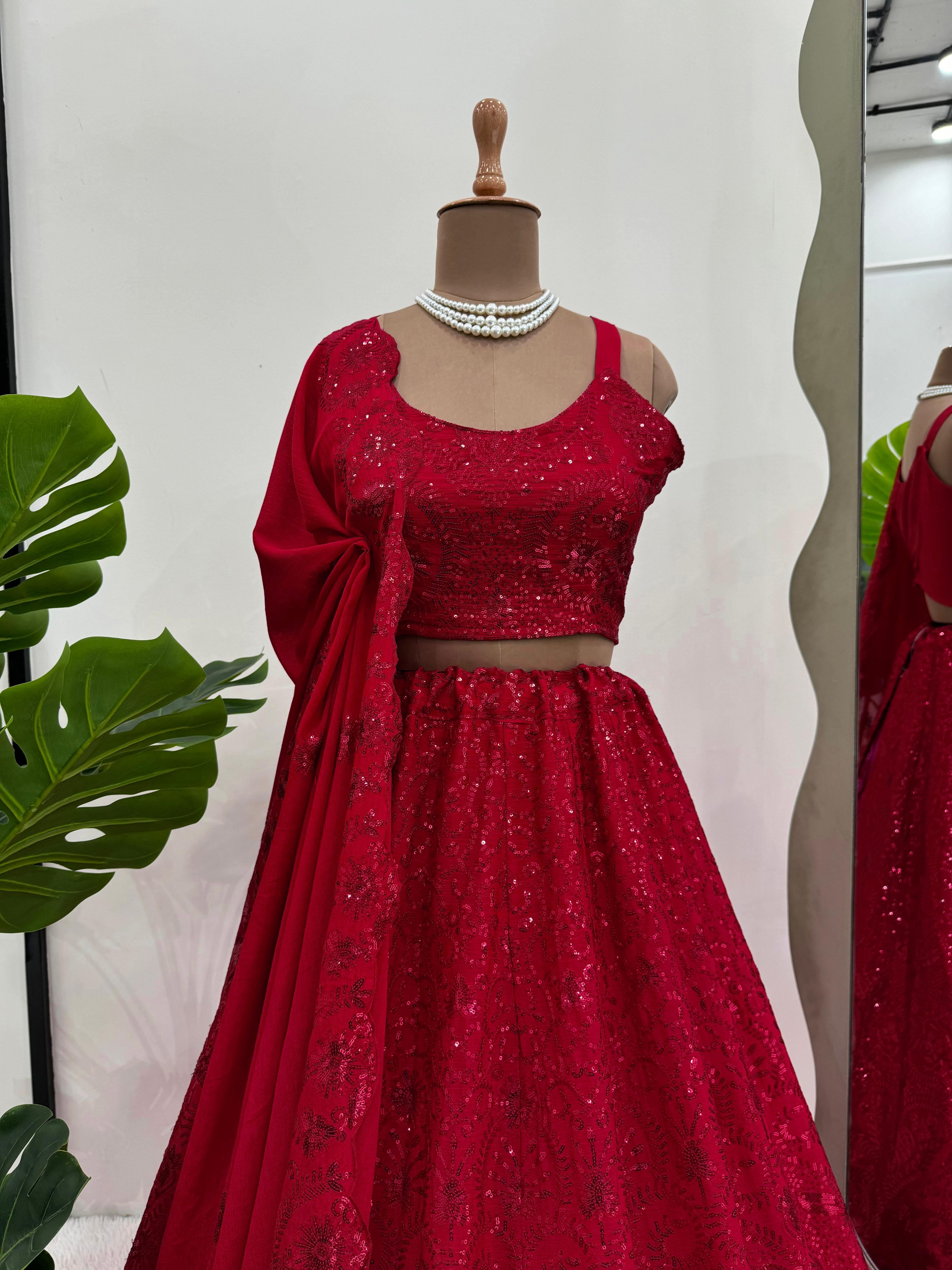 Red Sequence Work Chinon Silk Partywear Lahenga Choli