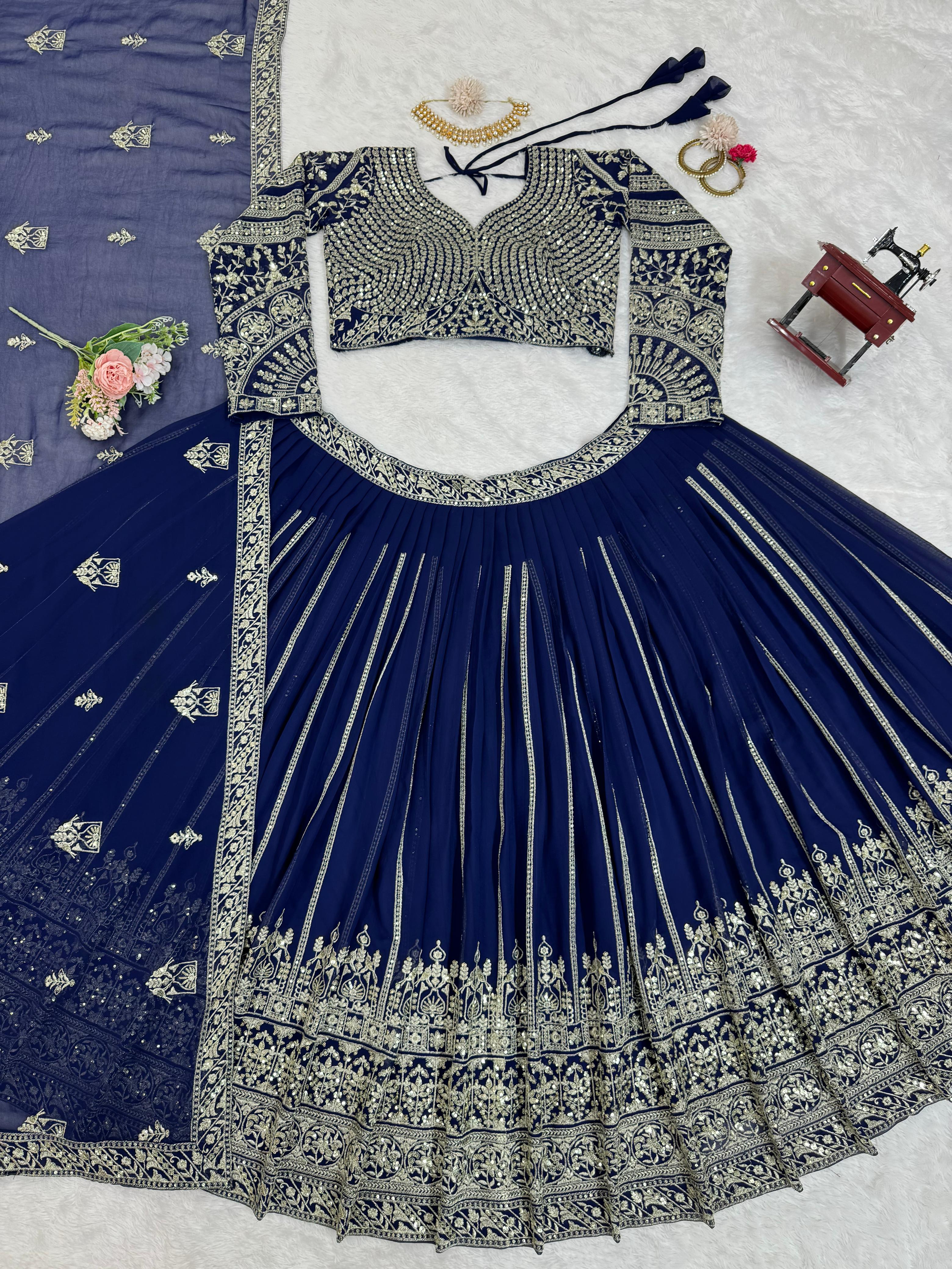 Partywear Stylish Blue Georgette Thread & Sequence Work Lehenga Choli