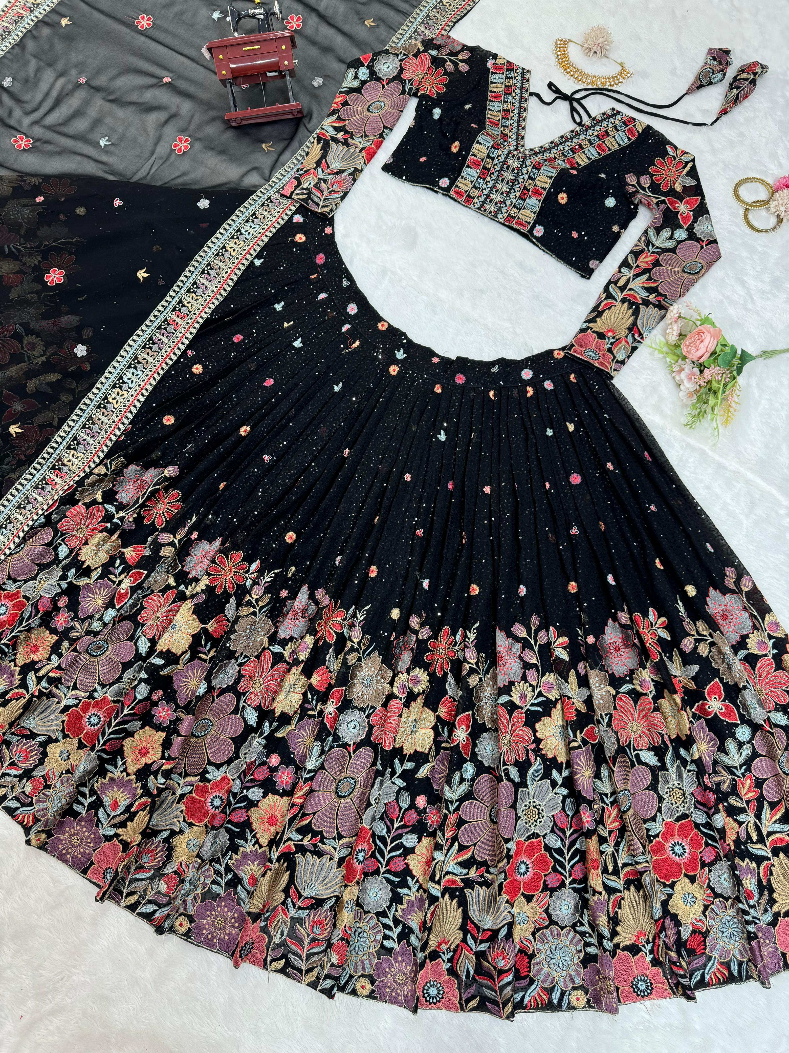 Fashionuma Georgette Black Sequence With Thread Work Lehenga Choli