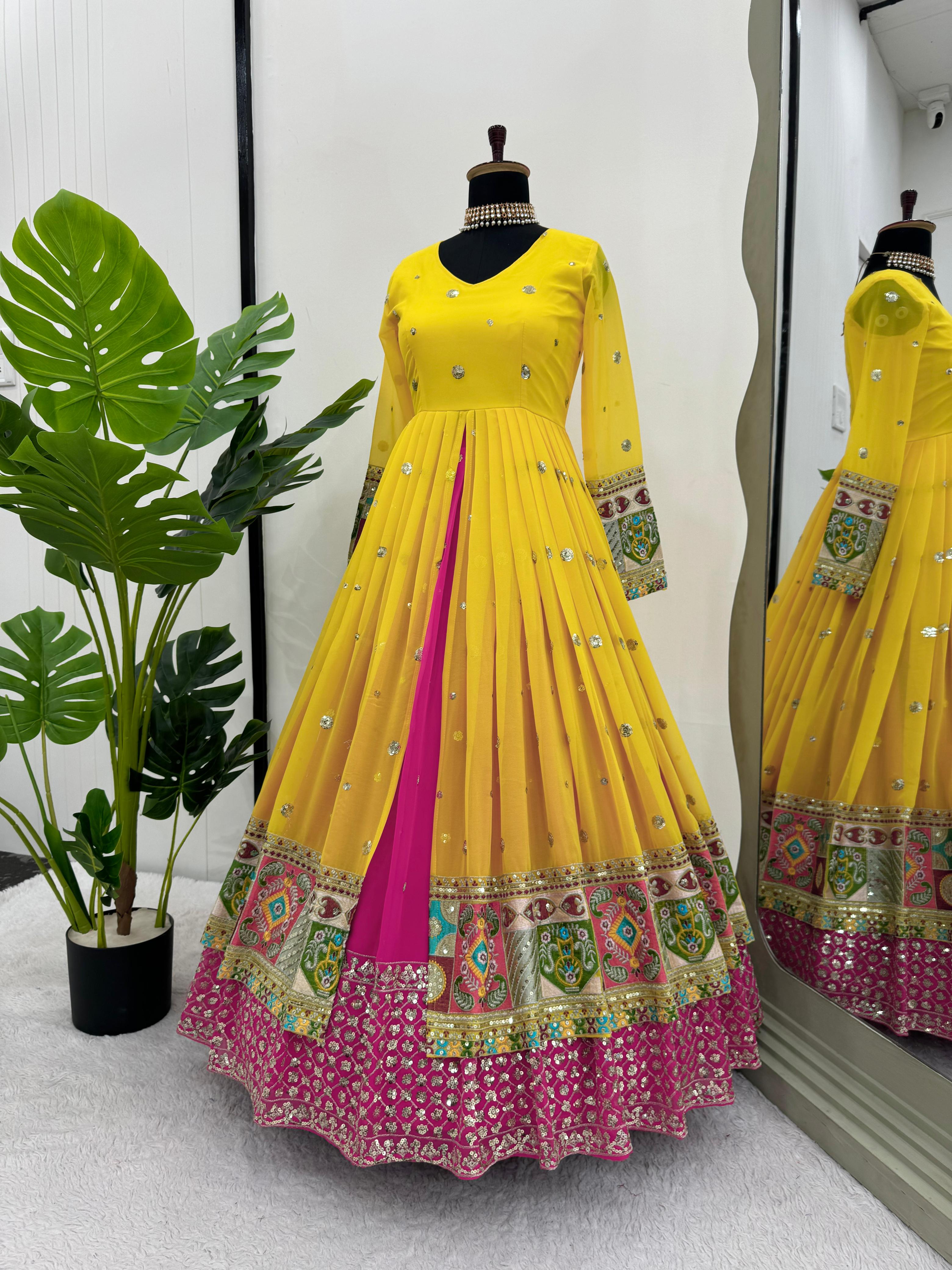 Multi Color Thread & Sequence Work Lehenga Choli With Long Shrug