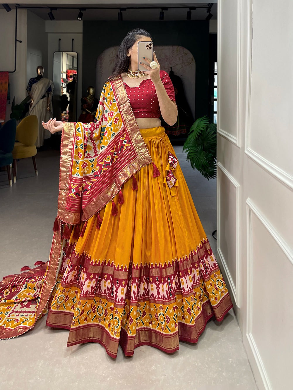 Festive Special Perfectly Blended Tussar Silk Patola Printed Lehenga Choli