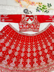 Red Premium Malai Satin Embellished With Beautiful Thread Embroidery Work Lehenga Choli