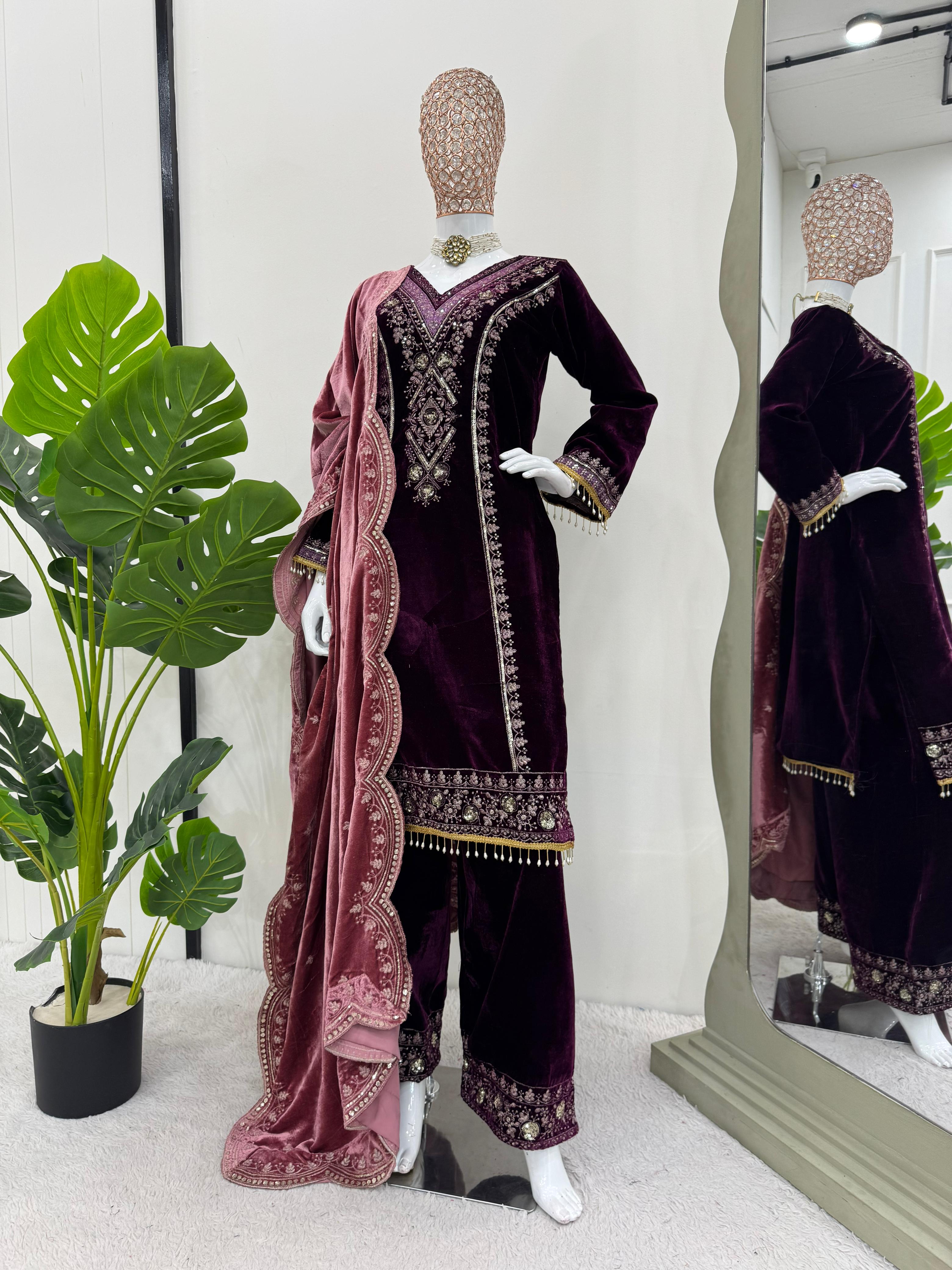 Beautiful Viscose Velvet Thread With Sequence Work Salwar Suit