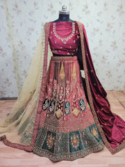 Heavy Pure Lycra Velvet Zarkan Work Multi Colour Double Dupatta & Double Cancan Rajwadi Bridal Lehenga Choli