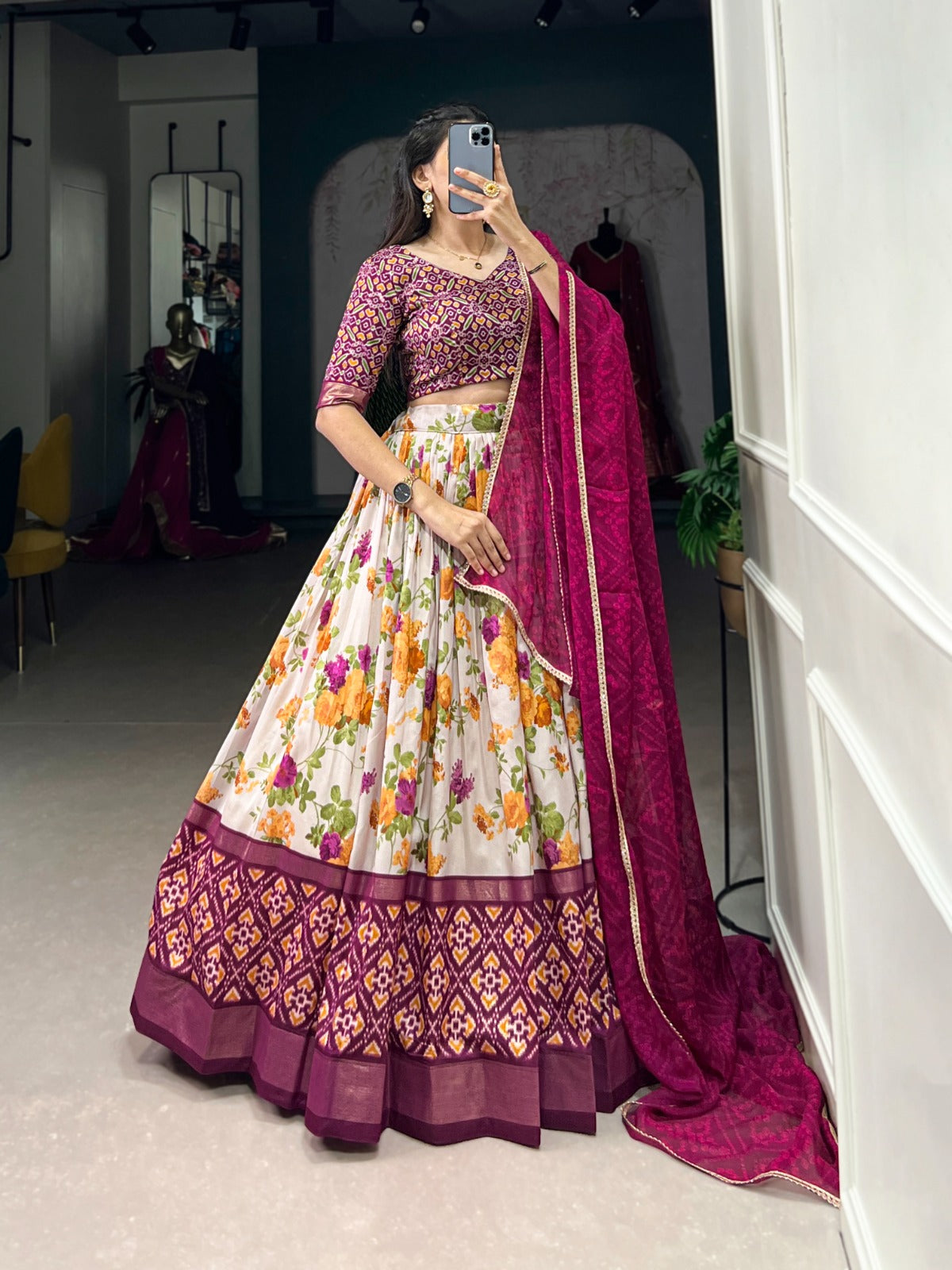 Beautiful Floral And Patola Printed With Foil Work Lehenga Choli