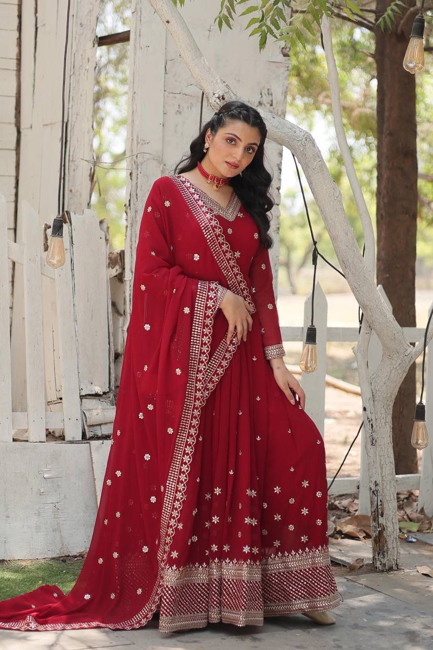 Stunning Red Colour Embroidery Work Gown