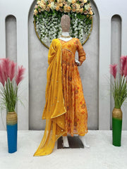 Beautiful Yellow Georgette Printed Work Gown