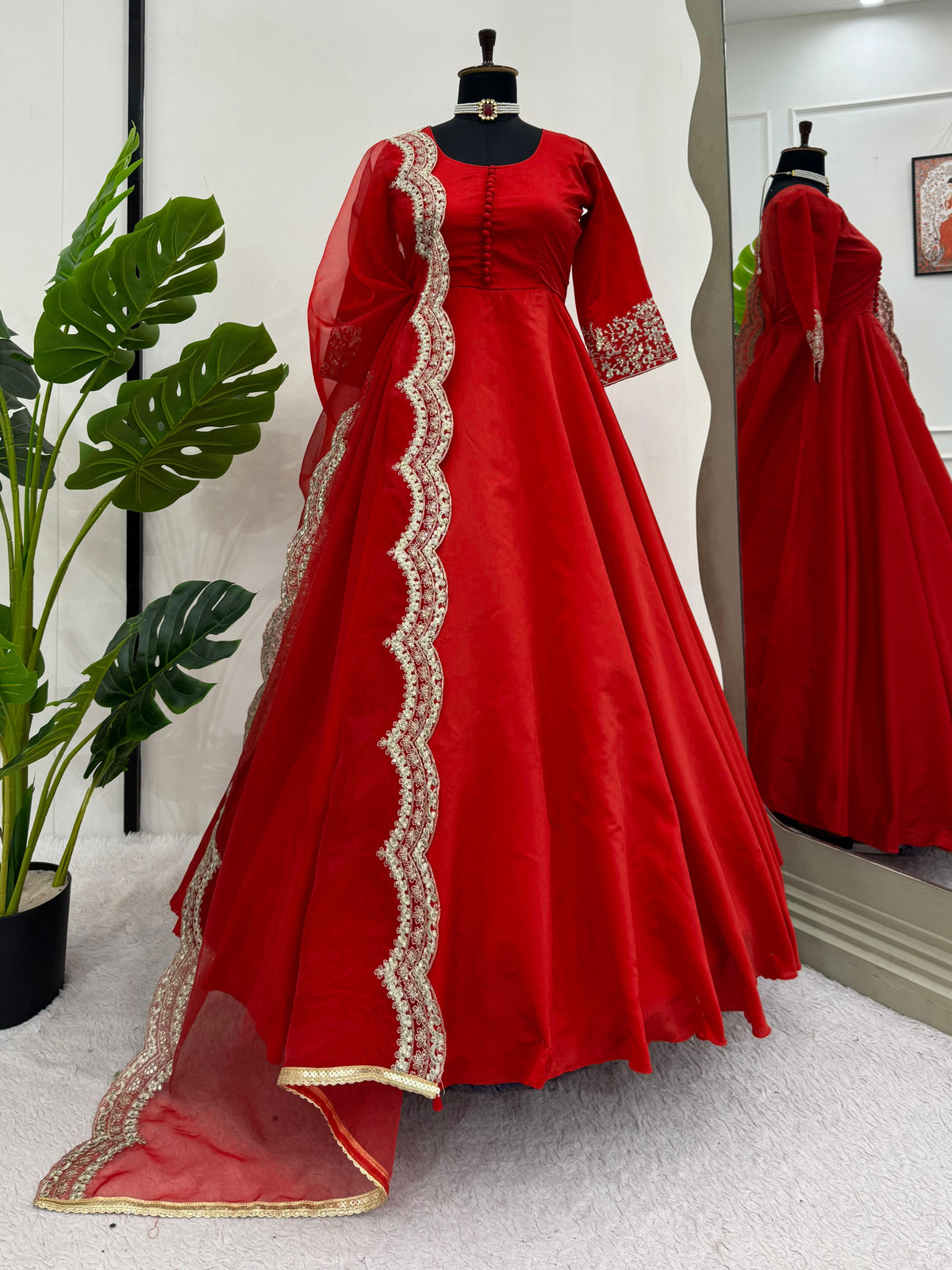 Partywear Red Tapeta Silk Gown