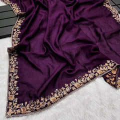 Wine Vichitra Silk Saree With Embroidery & Sequence CutWork Border