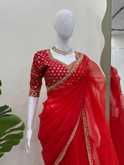 Hot Red Beautiful Designer Heavy Organza Silk Saree