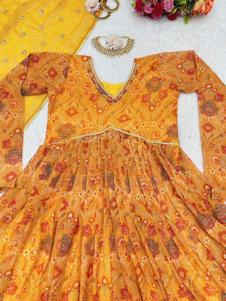 Beautiful Yellow Georgette Printed Work Gown