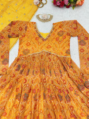 Beautiful Yellow Georgette Printed Work Gown