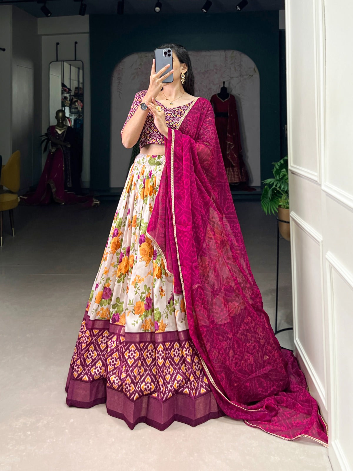 Beautiful Floral And Patola Printed With Foil Work Lehenga Choli