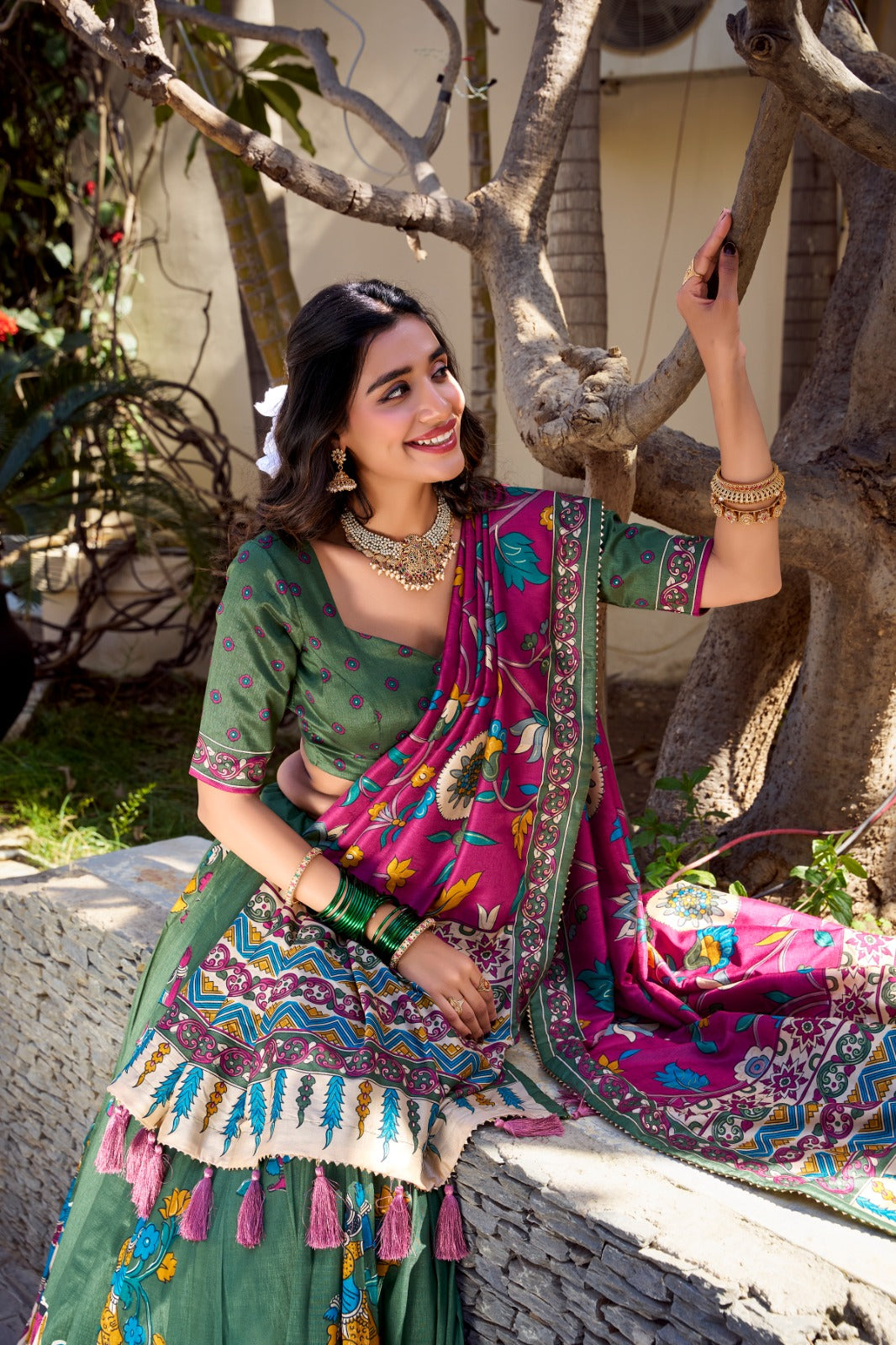 Beautiful Traditional Tussar Silk kalamkari With Foil Work Lehenga Choli