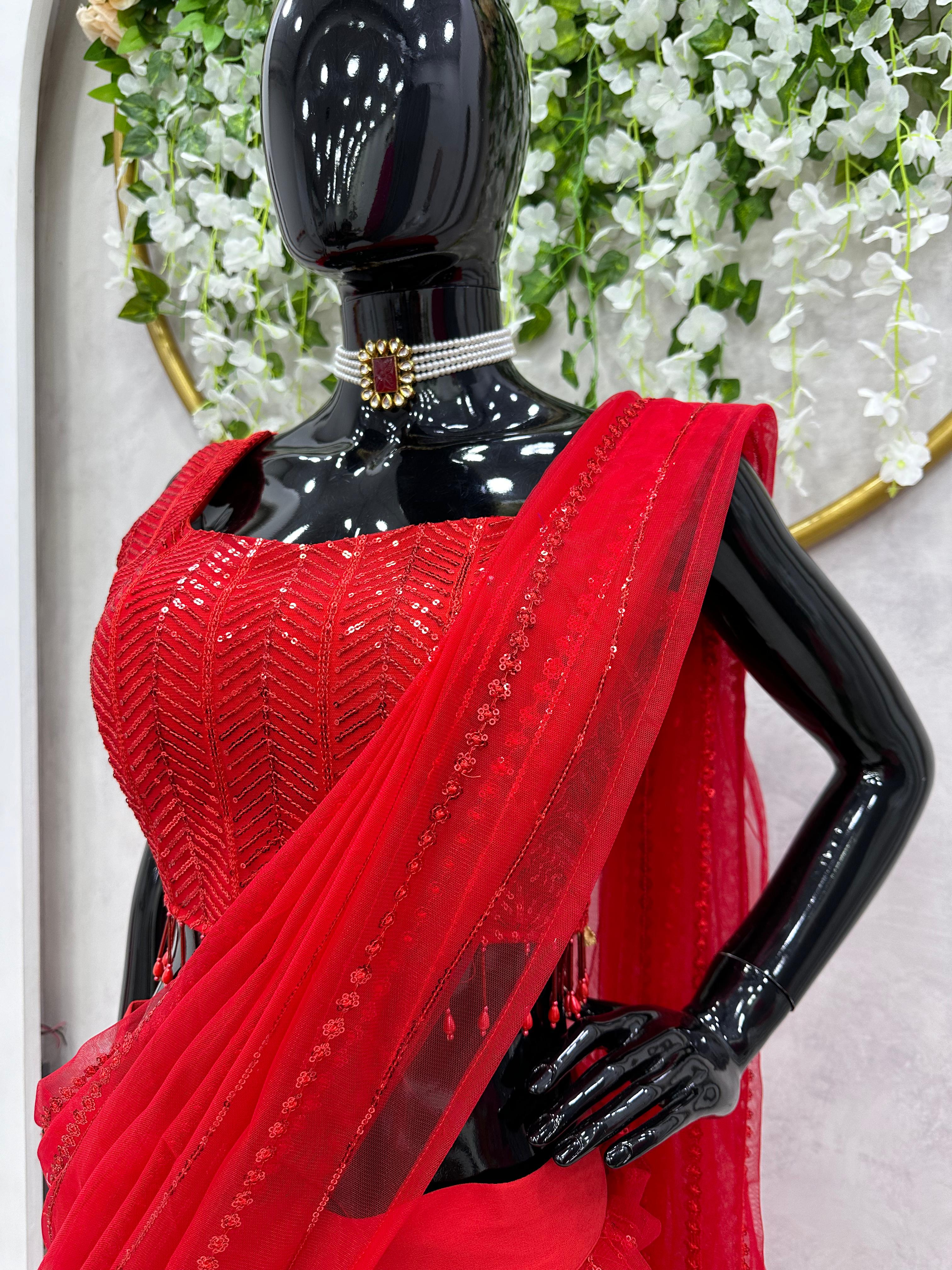 Trending Party-wear Red Butterfly Net Ready To Wear Lehenga Saree