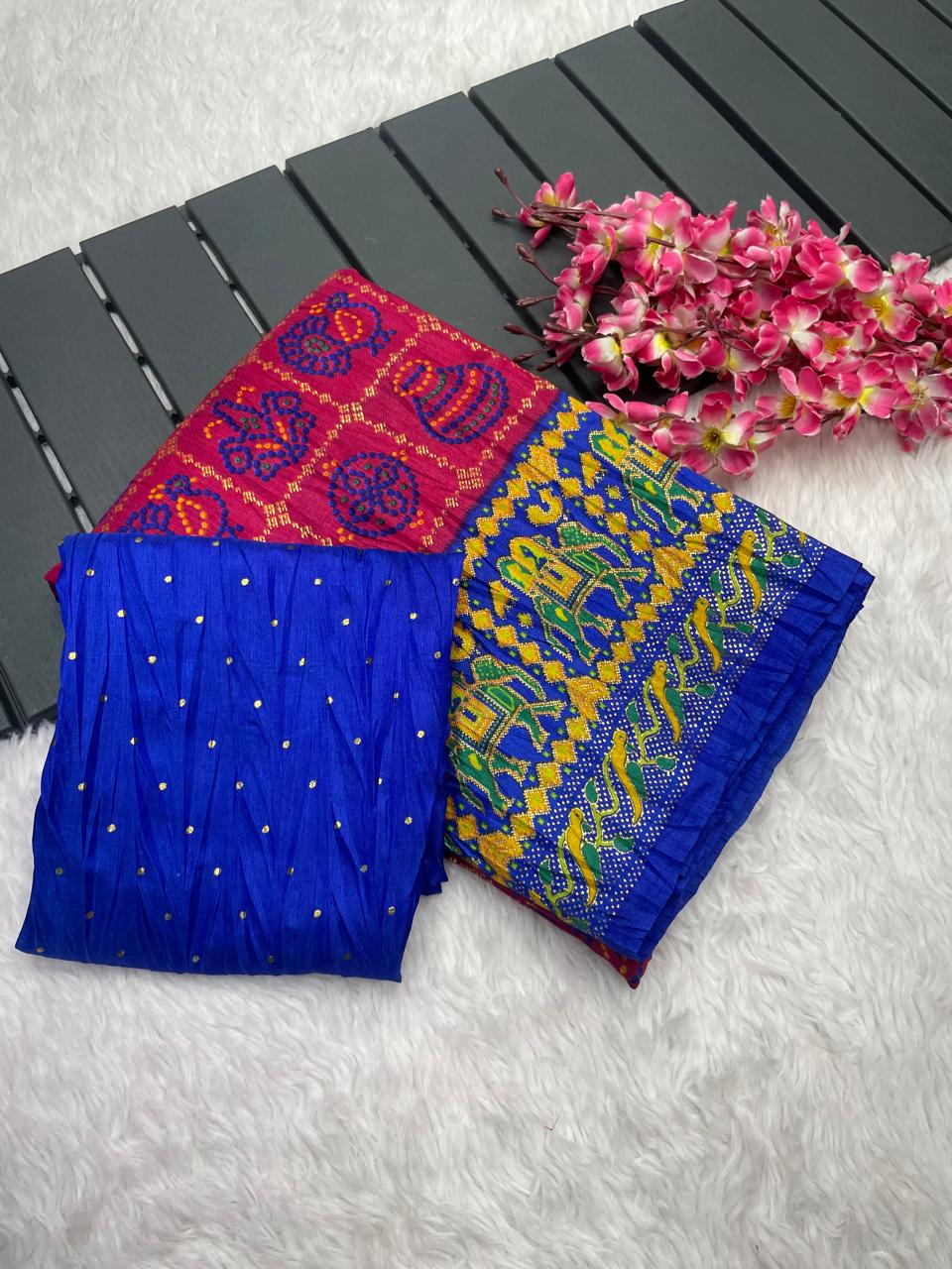 Pure Soft Crush Dola Pochampally Design With Foil Print Border Saree