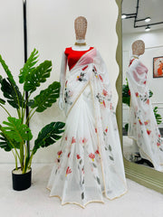 Beautiful White Tibby Silk Digital Printed Saree