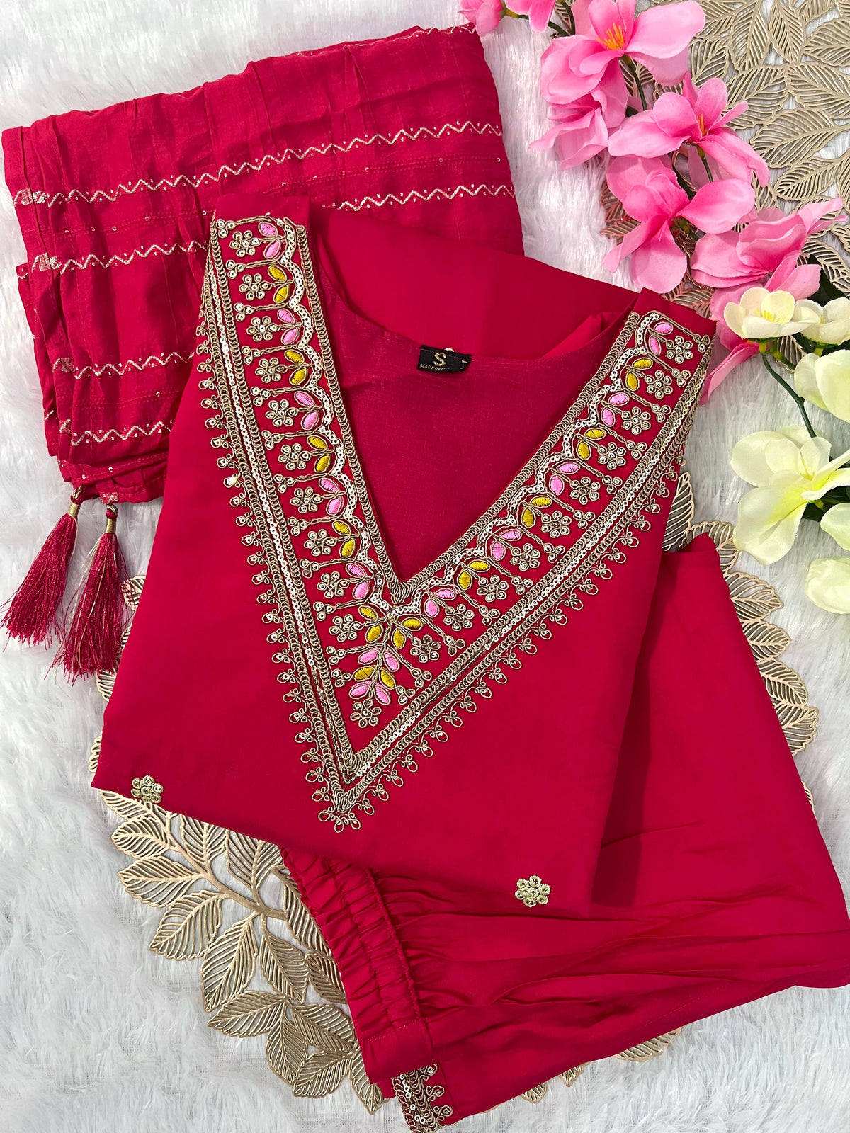 Beautiful Roman Silk Designer Kurti Pent Dupatta Set