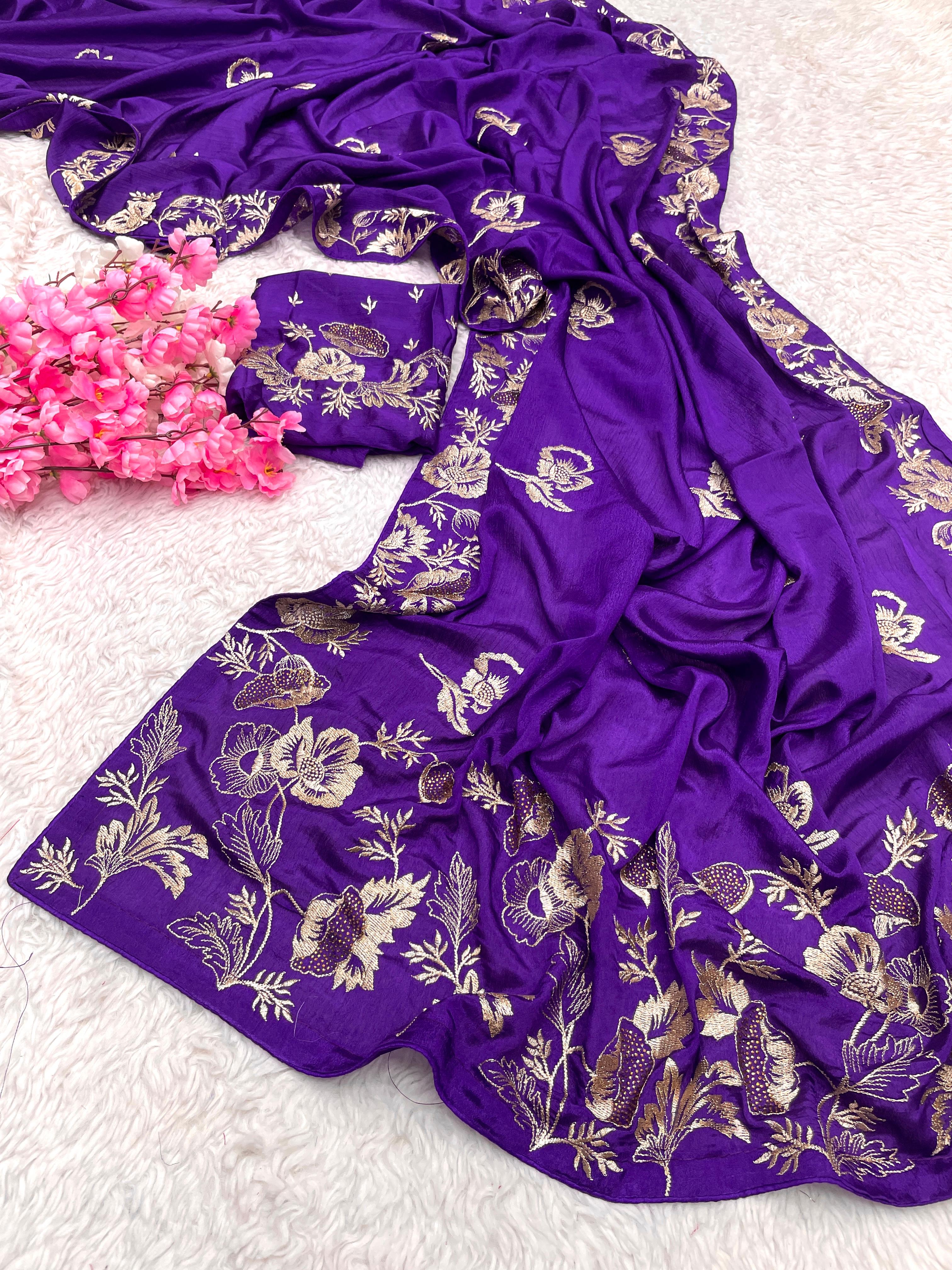 Festival Special Chinon Blooming With Beautiful Zari Work Saree