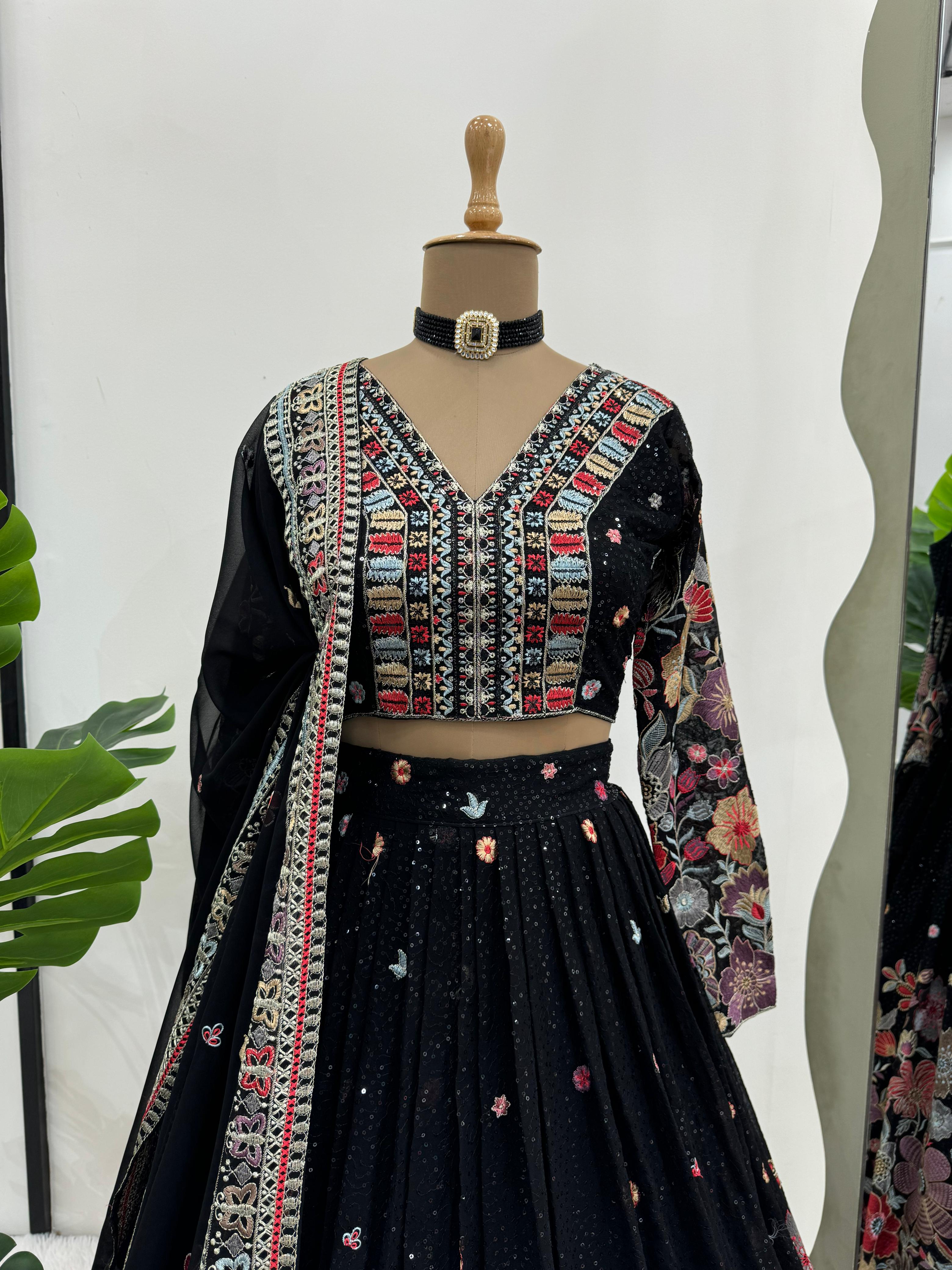 Fashionuma Georgette Black Sequence With Thread Work Lehenga Choli