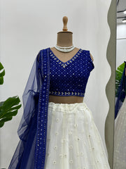 Shining White & Blue Colour Georgette Thread And Sequence Work Lehenga Choli