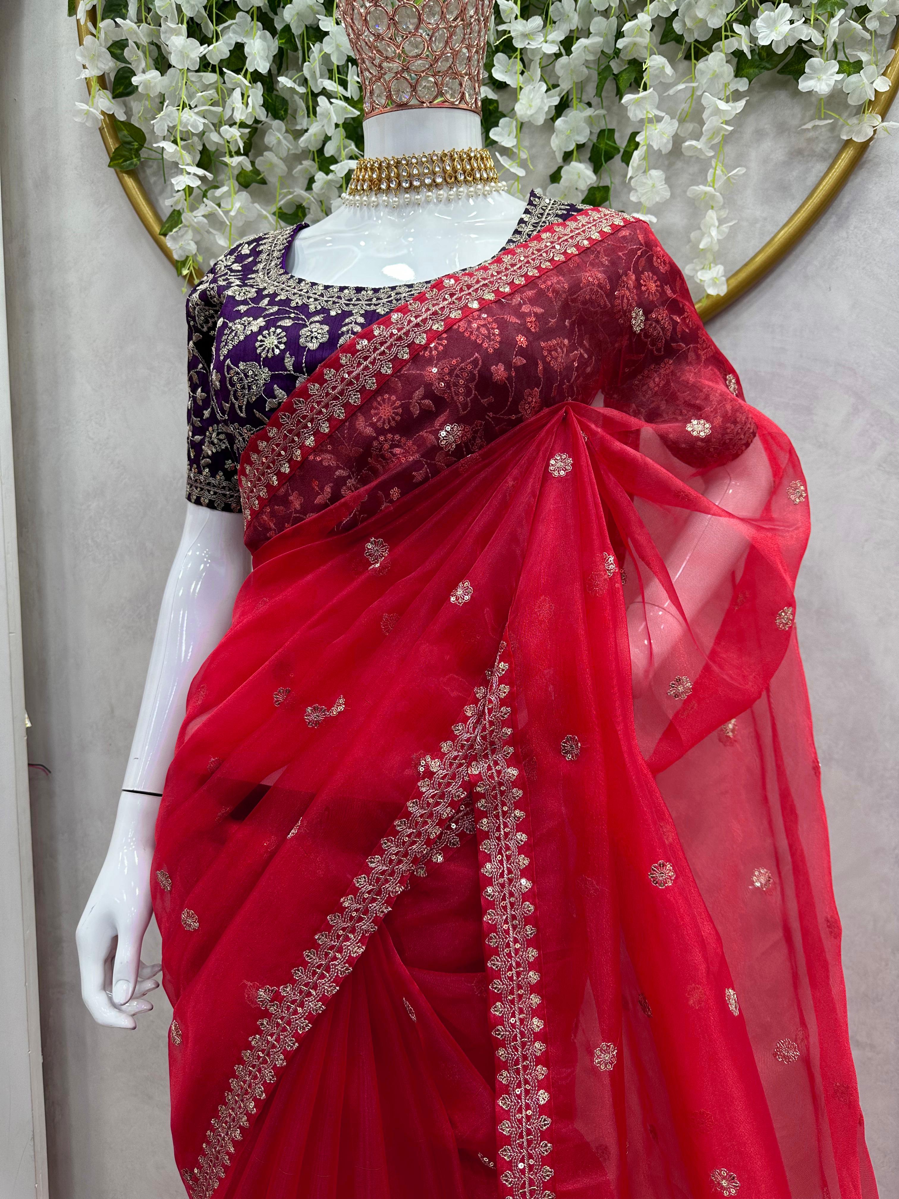 Ravishing Red Beautiful Designer Heavy Organza Silk Saree