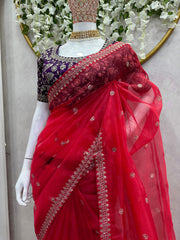 Ravishing Red Beautiful Designer Heavy Organza Silk Saree