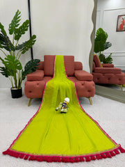 Beautiful Green Mul Cotton Designer Partywear Saree