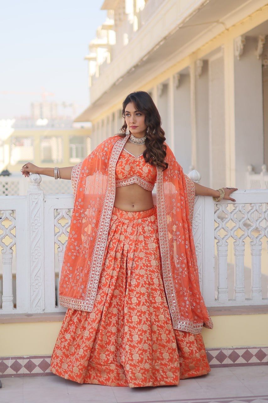 Party-wear Designer Dye-able Pure Viscose Jacquard Fabric Lehenga Choli