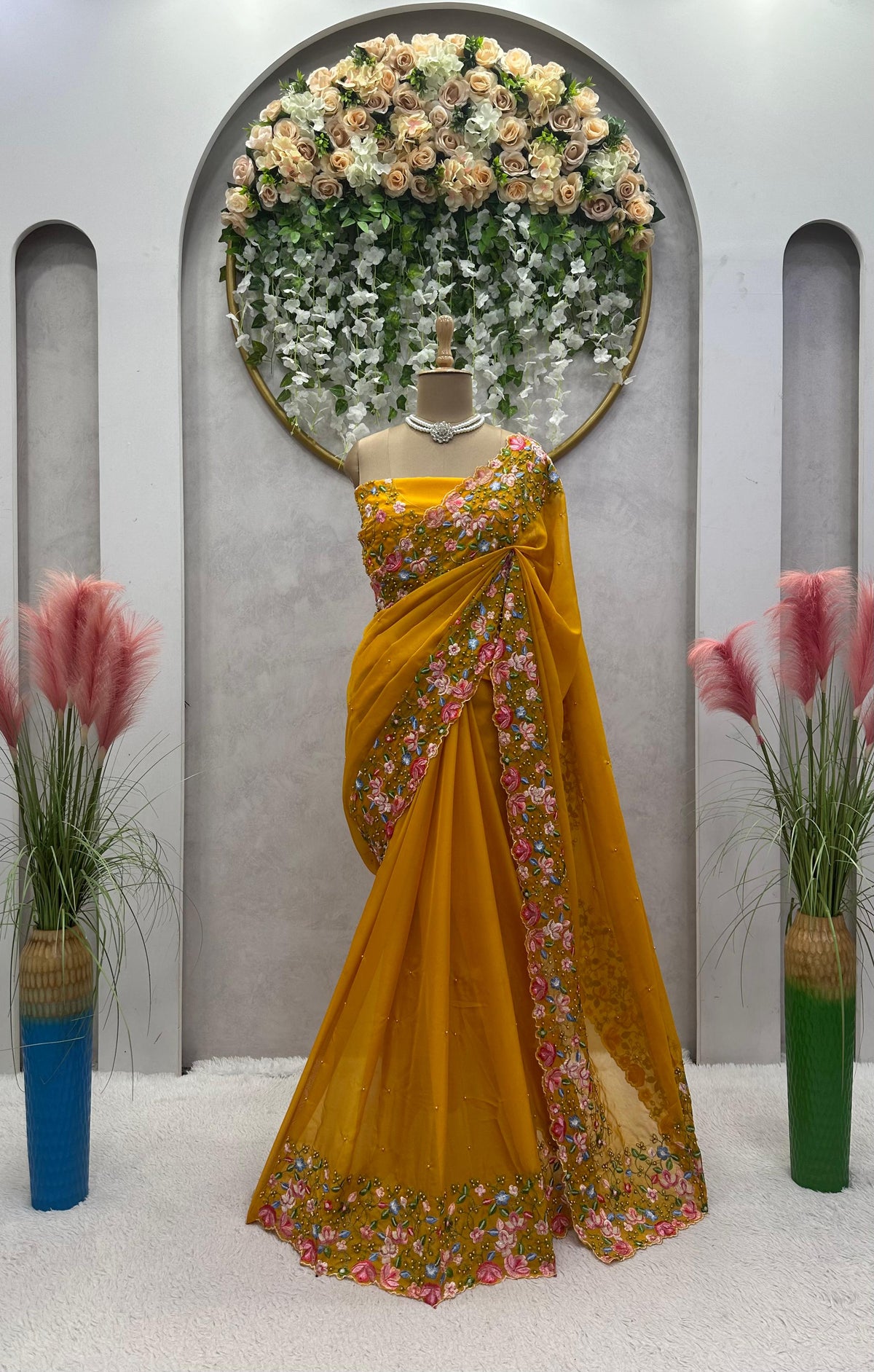 Party Wear Tabby Silk Mustard Yellow Colour Beautiful Designer Saree