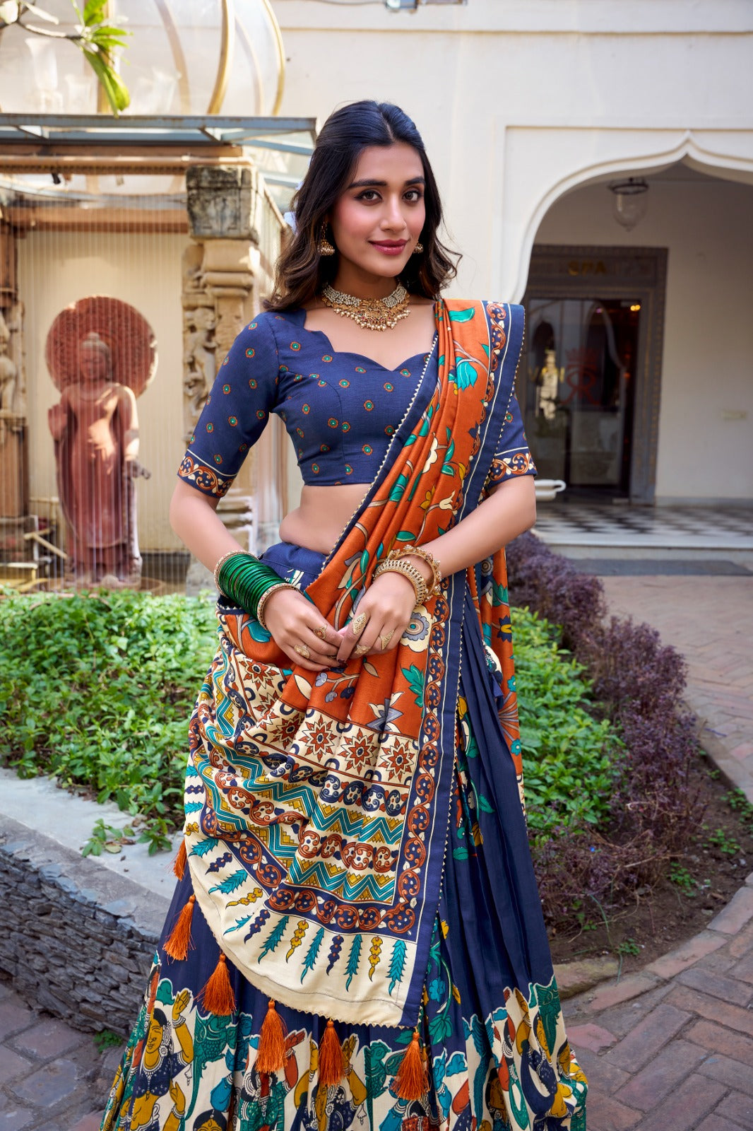 Beautiful Traditional Tussar Silk kalamkari With Foil Work Lehenga Choli