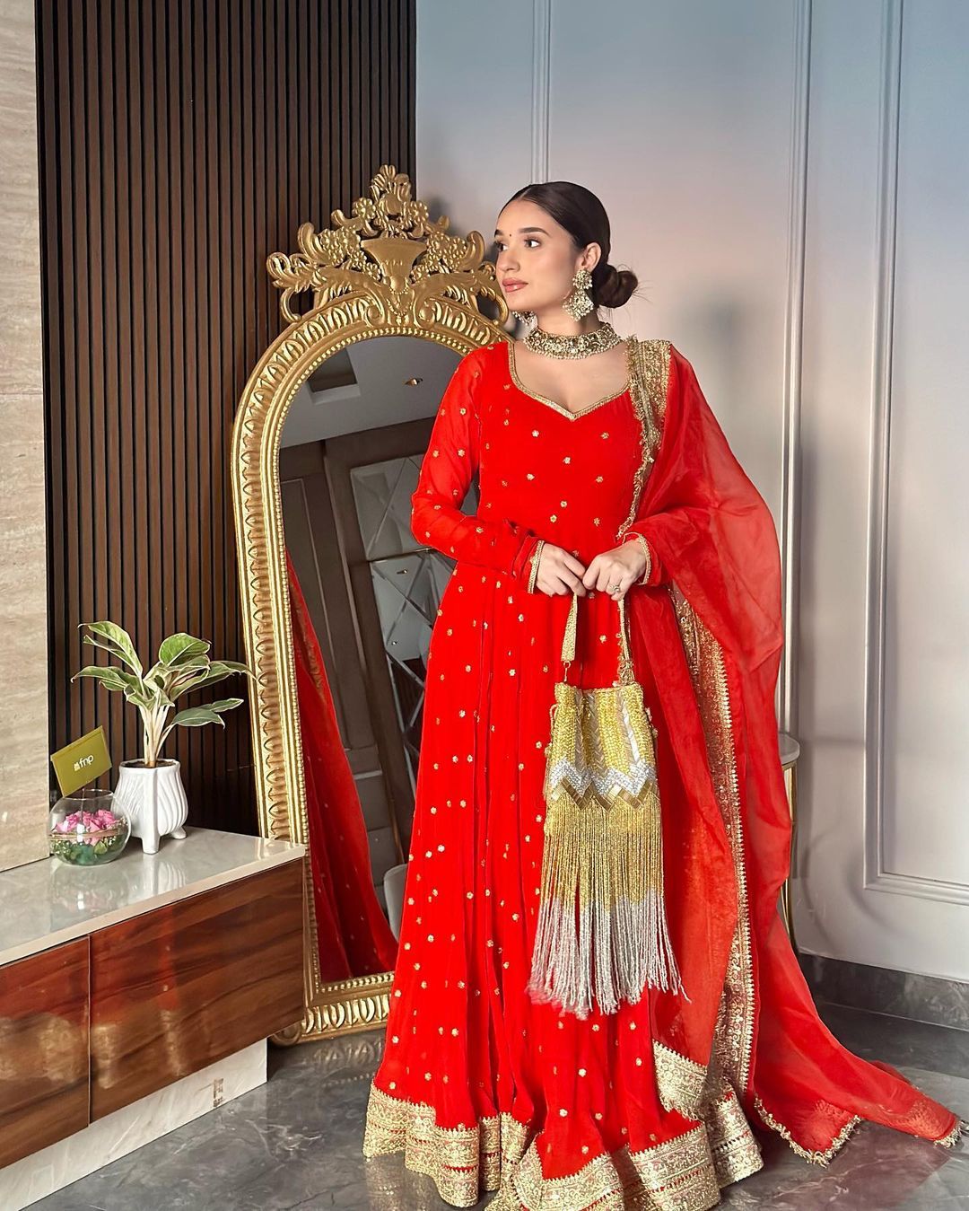 Royal Red Georgette Sequence And Thread Work Gown