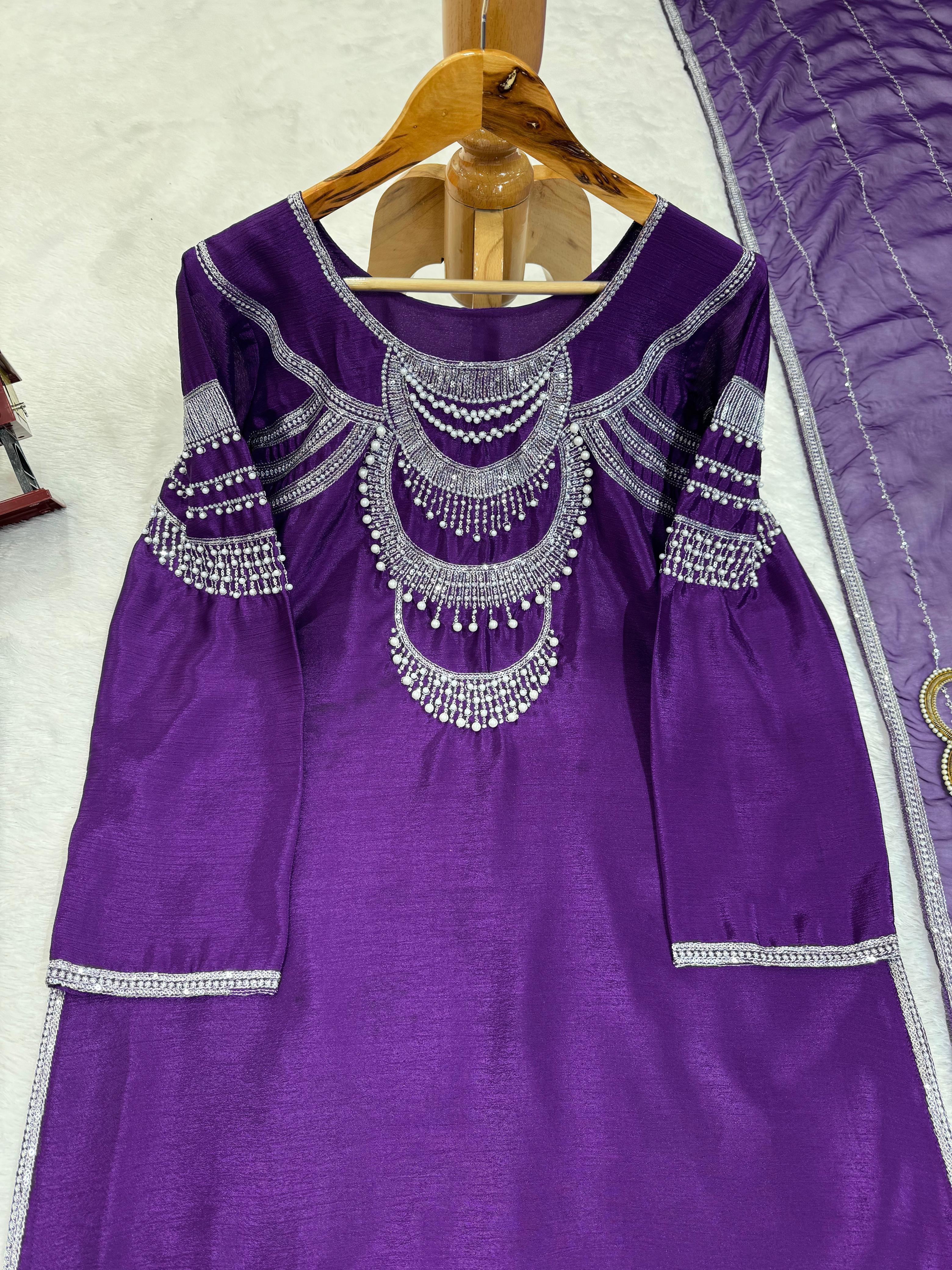 Partywear Purple Chinon Silk Sequence & Thready Work Salwar Suit