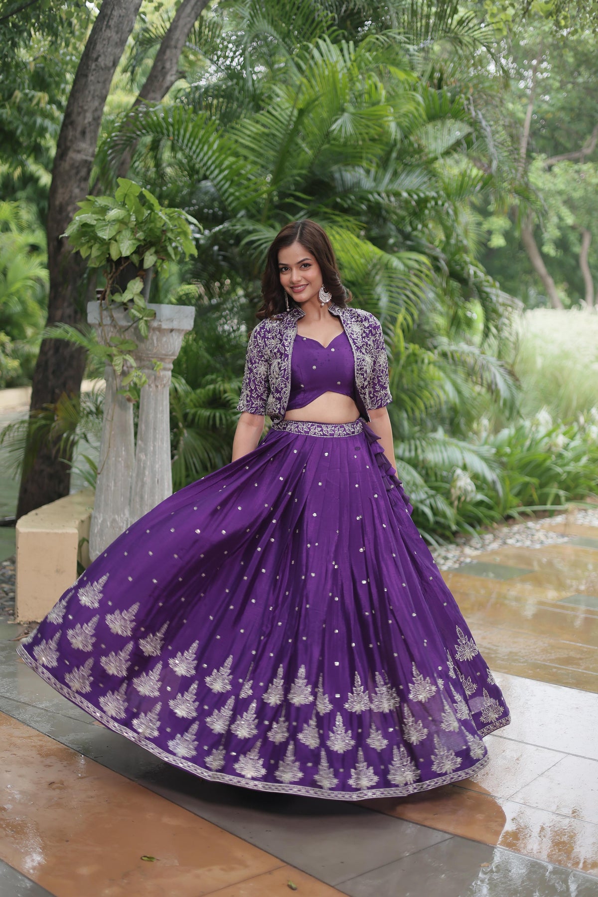 Fashionable Purple Chinon Silk Co-ord Set