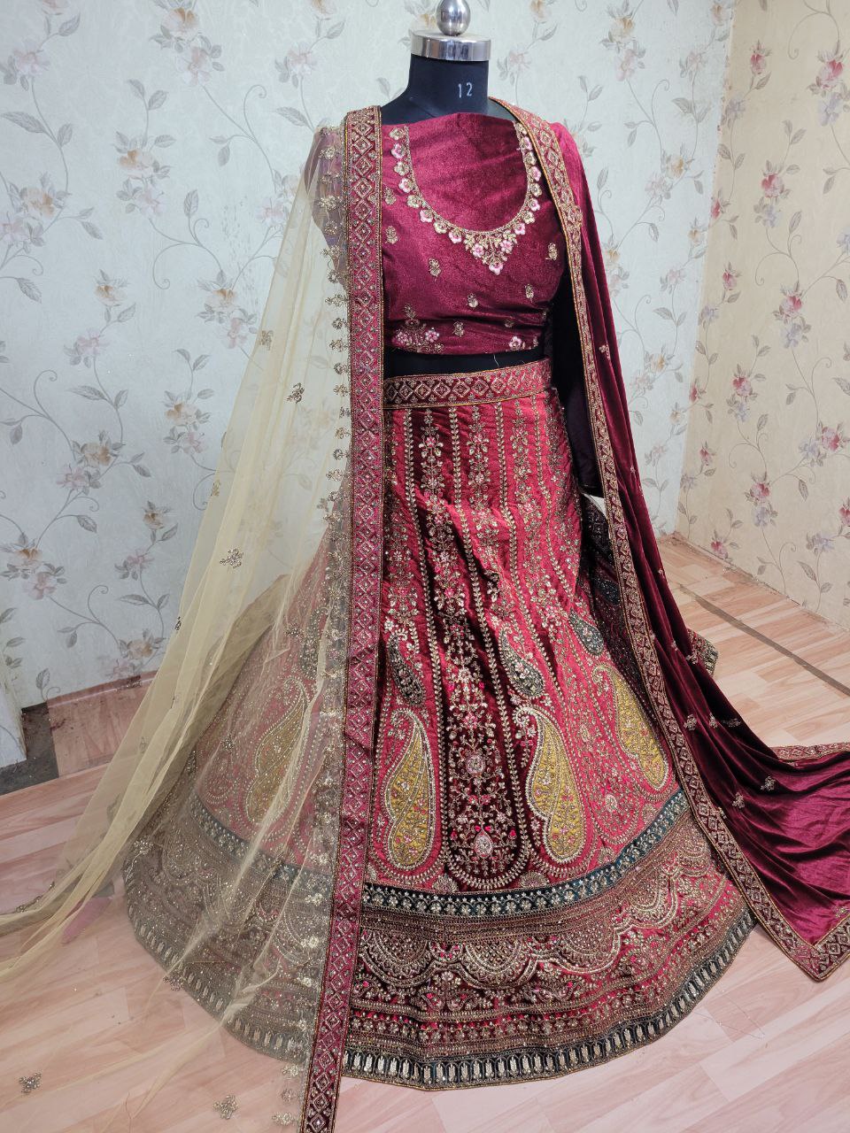 Heavy Pure Lycra Velvet Zarkan Work Multi Colour Double Dupatta & Double Cancan Rajwadi Bridal Lehenga Choli