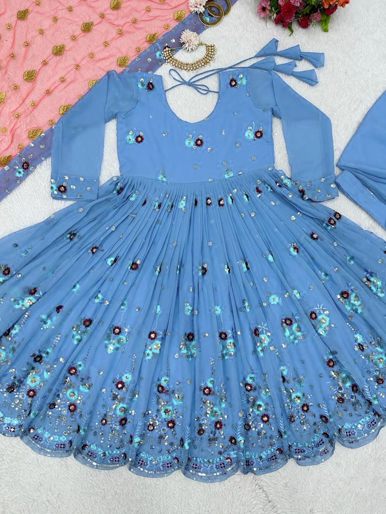 Pretty Sky Blue Flower Design Georgette Dress