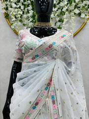 White Colour Beautiful Designer Organza Silk Embroidery Work Saree