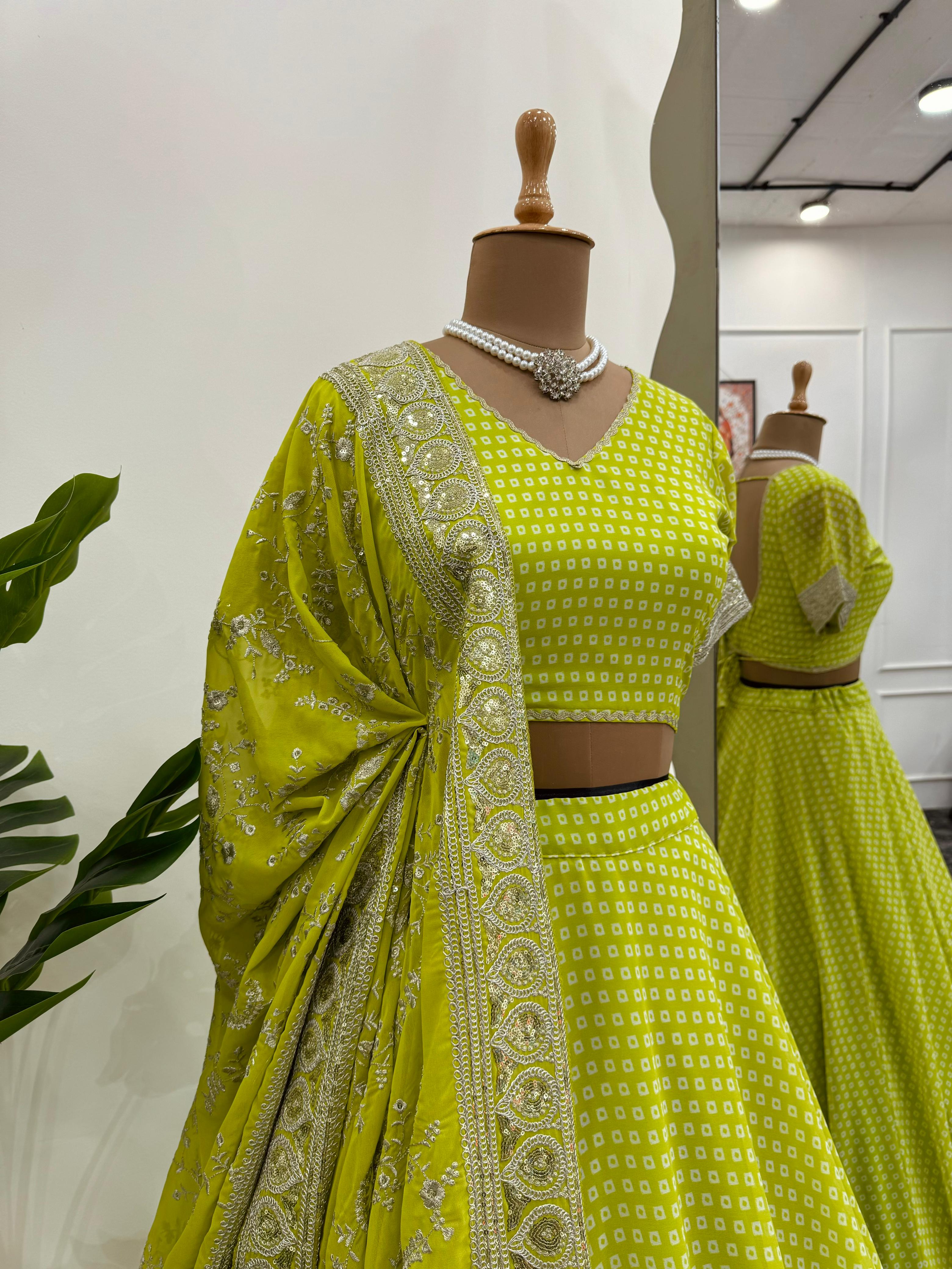 Mesmerizing Parrot Green Georgette Lehenga Choli