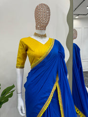 Beautiful Blue Mul Cotton Designer Saree