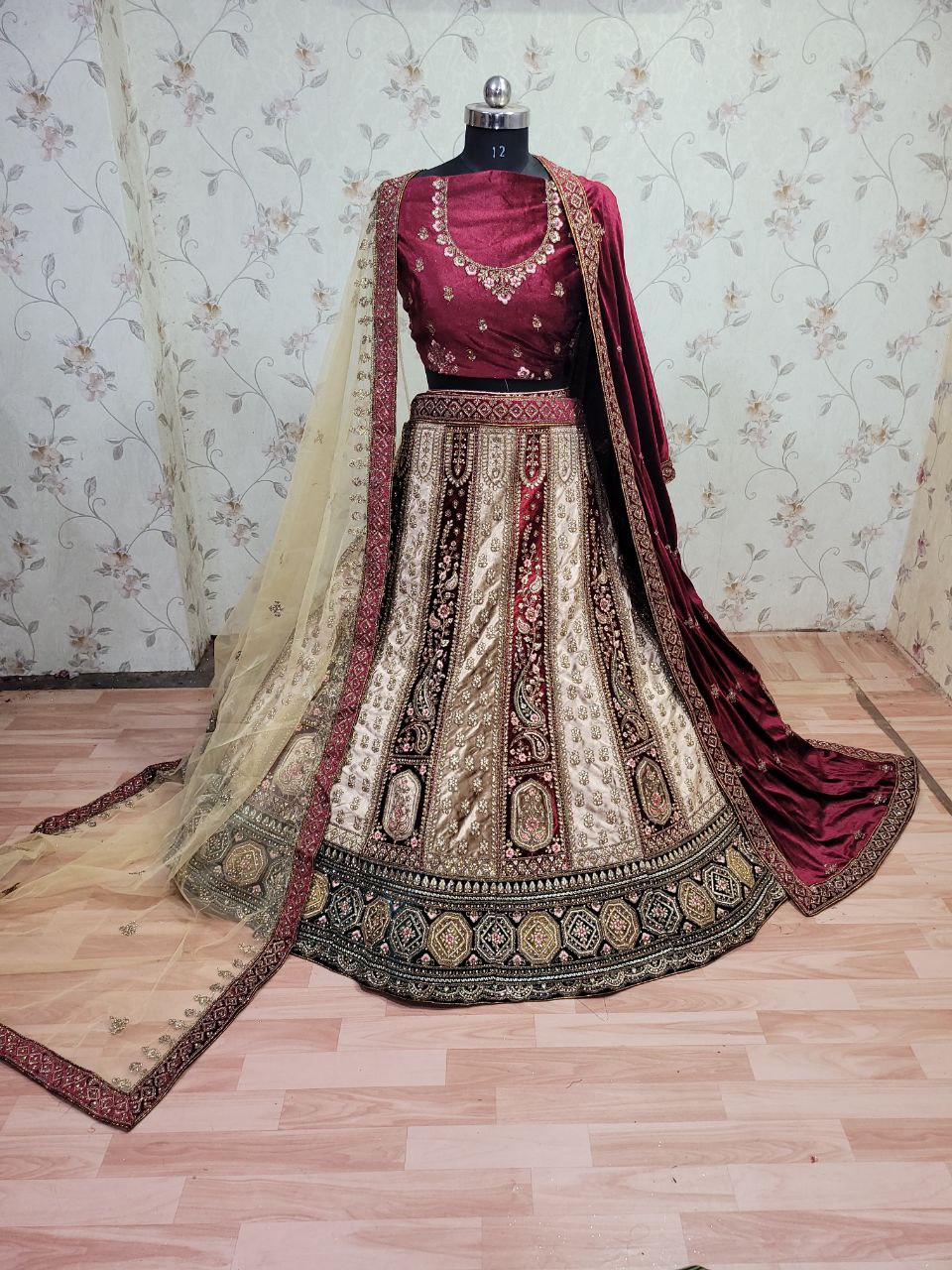 Heavy Pure Lycra Velvet Zarkan Work Multi Colour Double Dupatta & Double Cancan Rajwadi Bridal Lehenga Choli