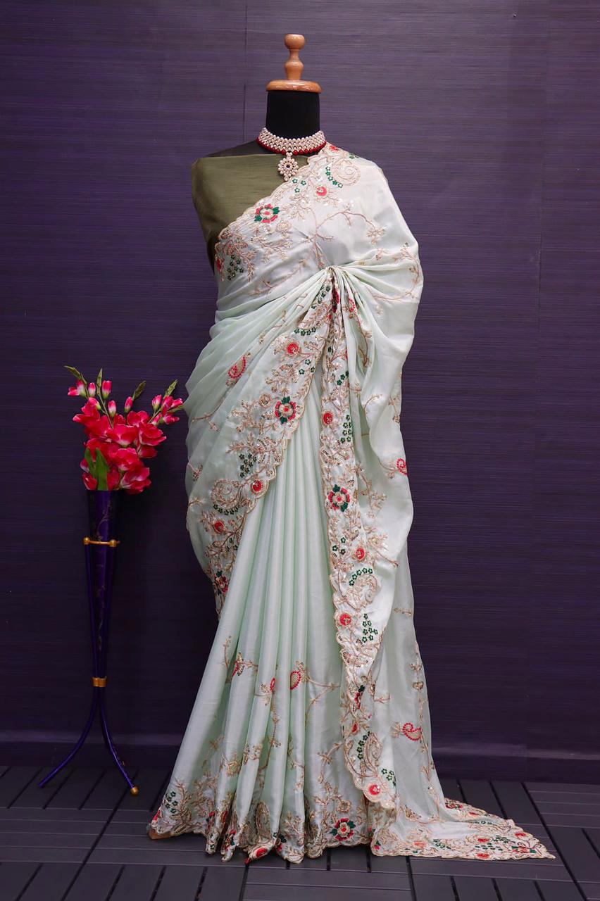 Heavy Embroidery Diamond Chinon Silk Work Saree