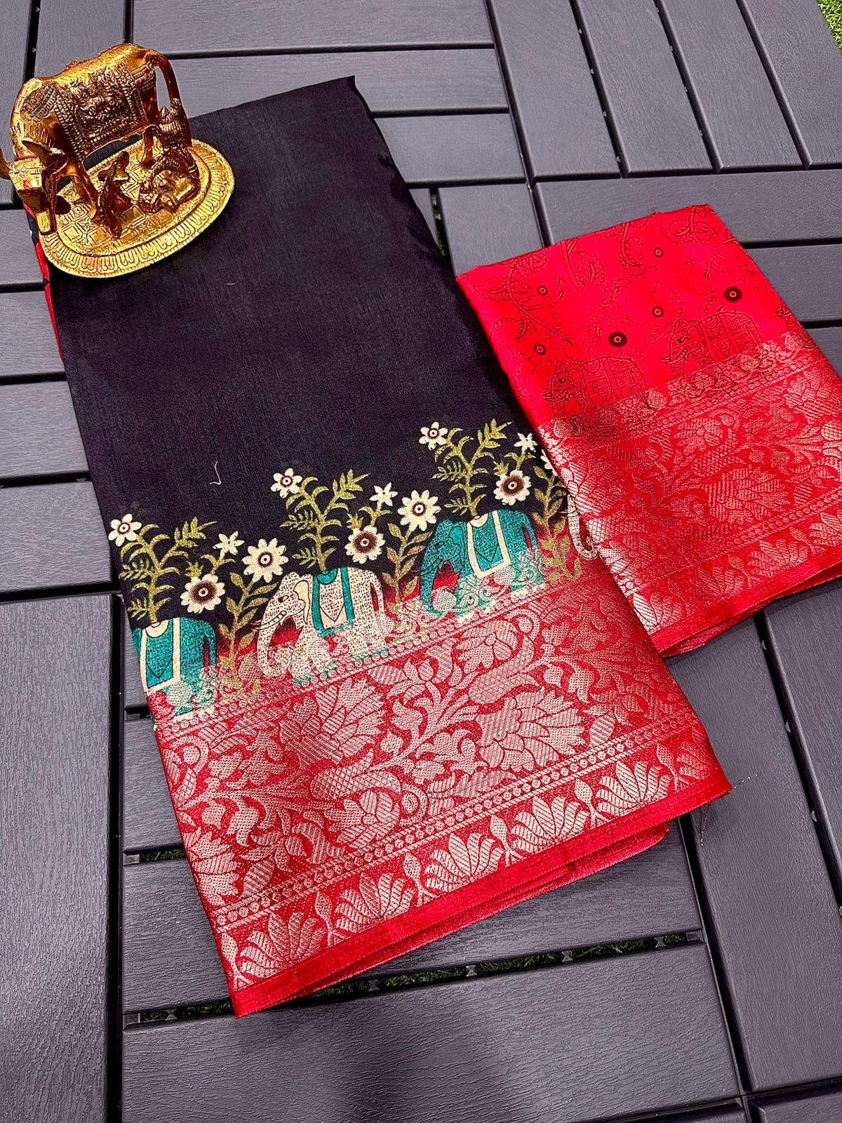 Traditional Pure Mashru Silk With Beautiful Elephant Design With Multi Printed Saree