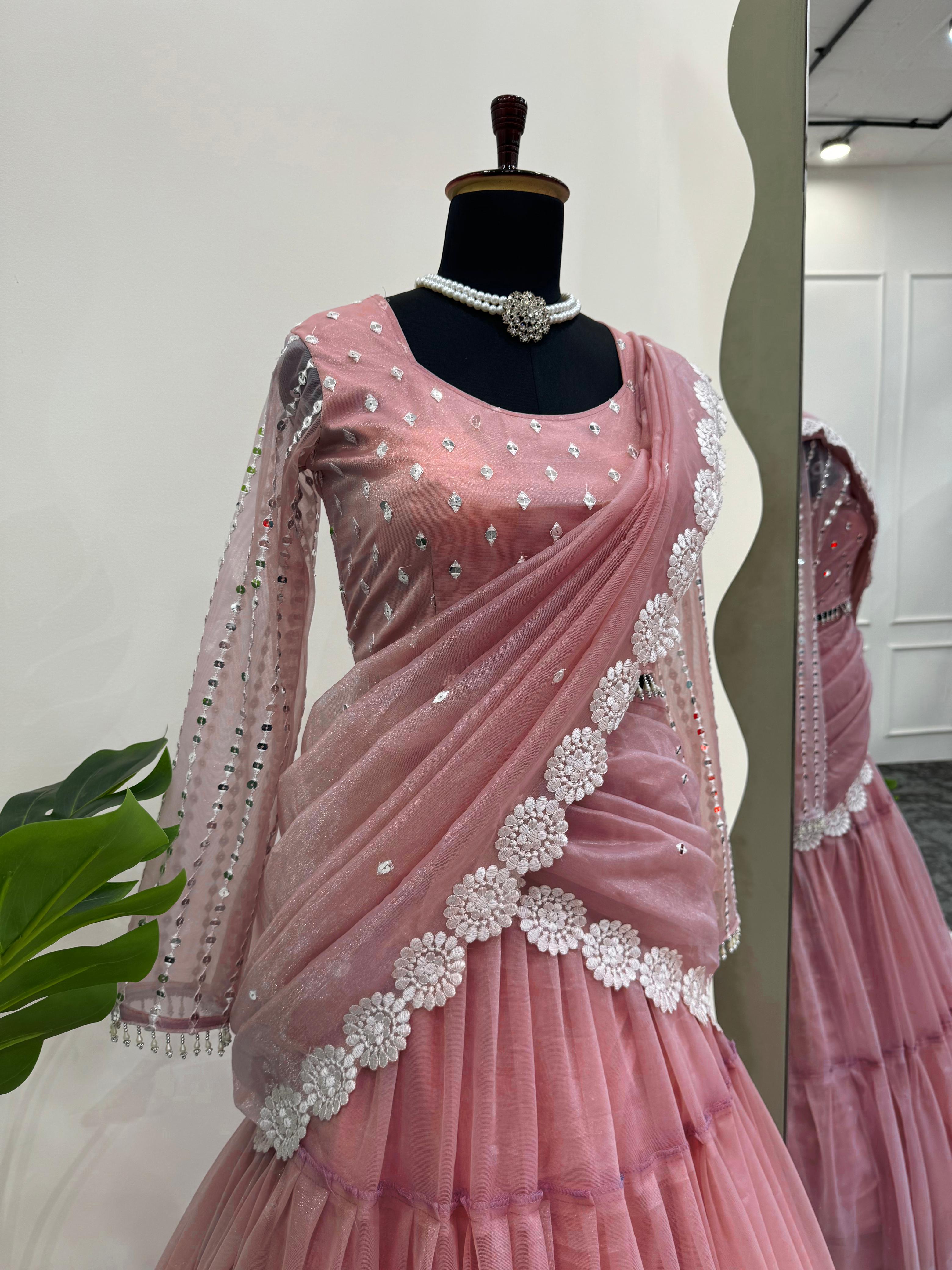 Party-wear Twil Organza Ruffle Style Ready To Wear Lehenga Saree