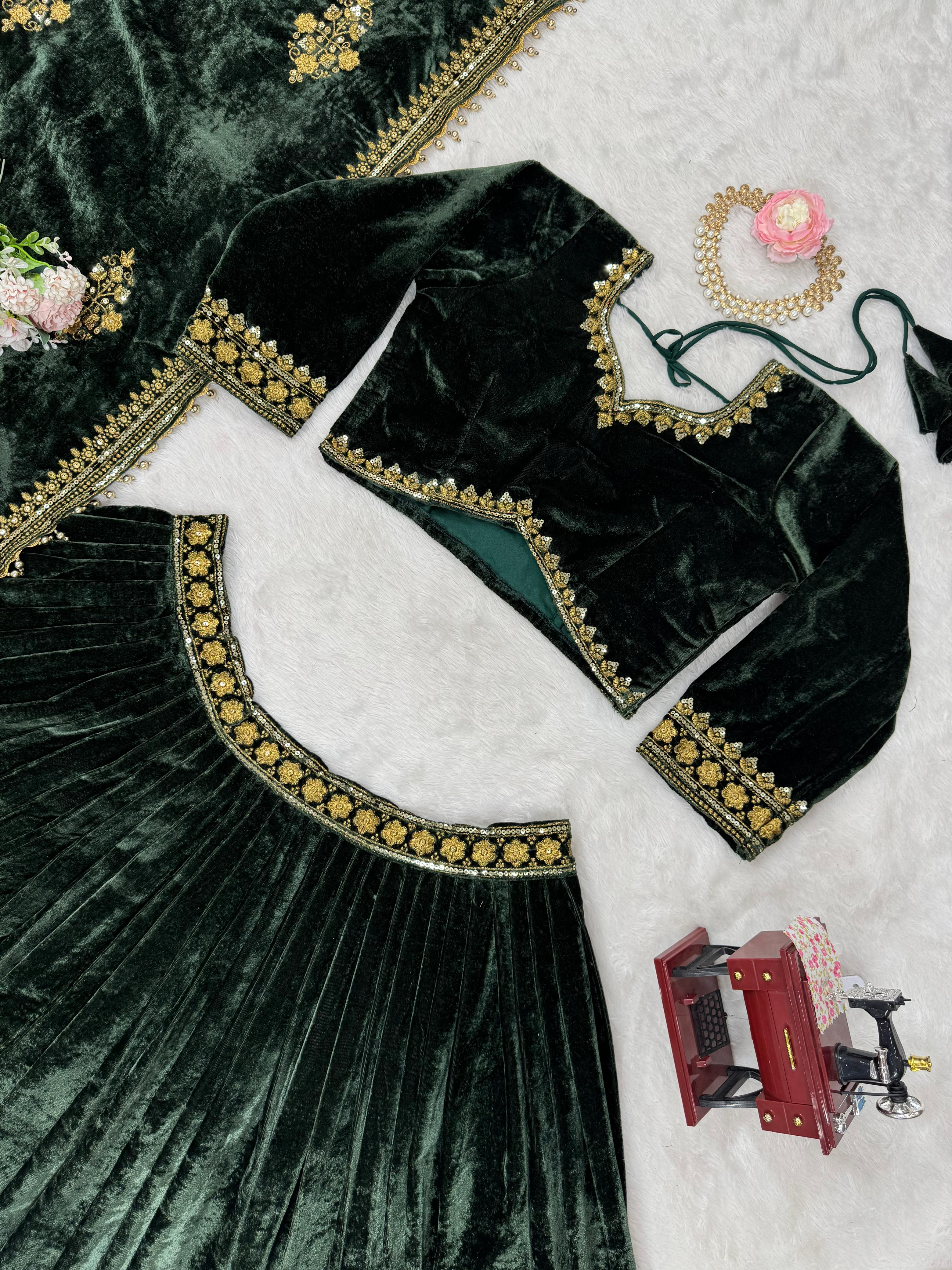 Beautiful Green Viscose Velvet Thread With Sequence Work Lehenga Choli