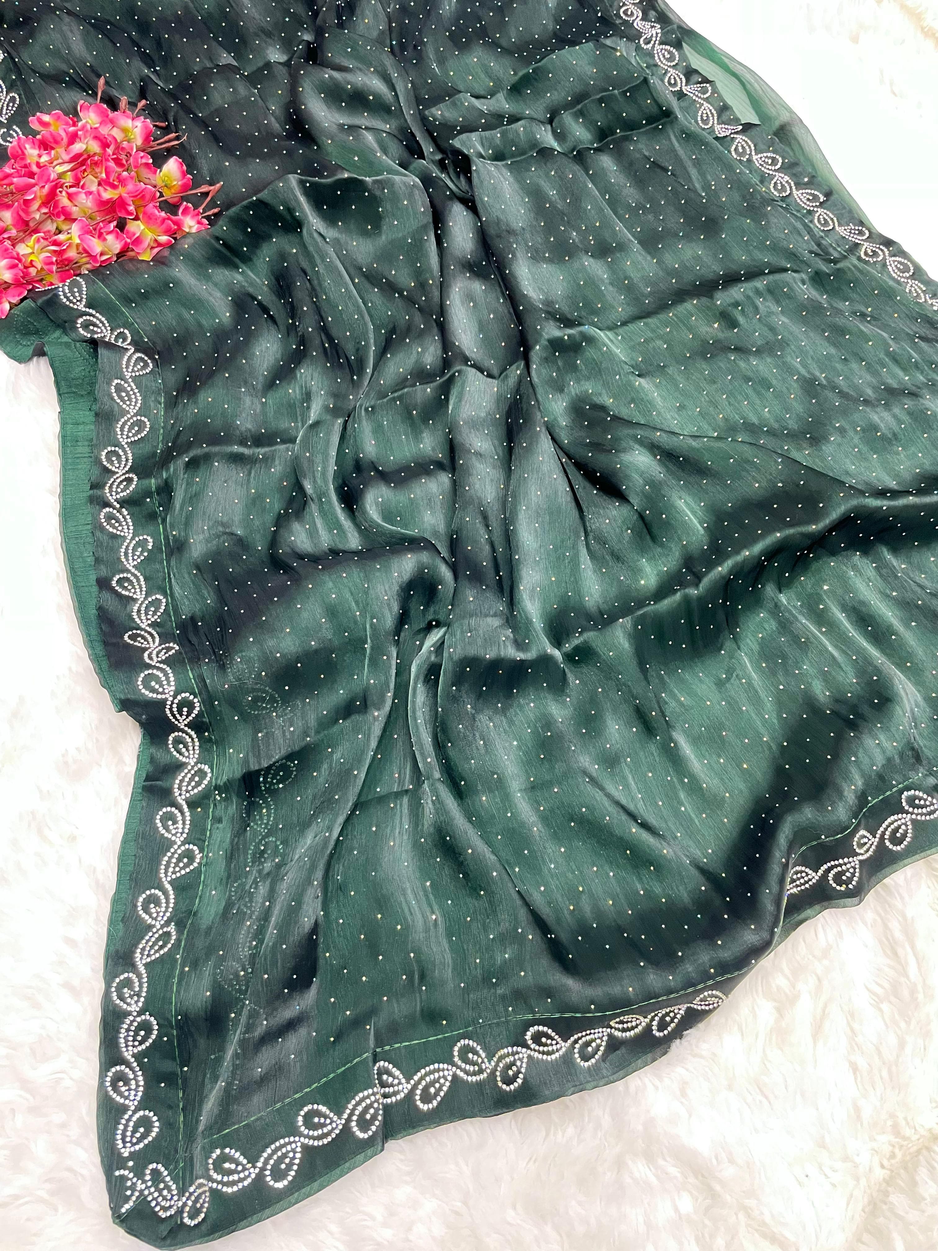 Beautiful Heavy Zarkan Diamond Work Saree