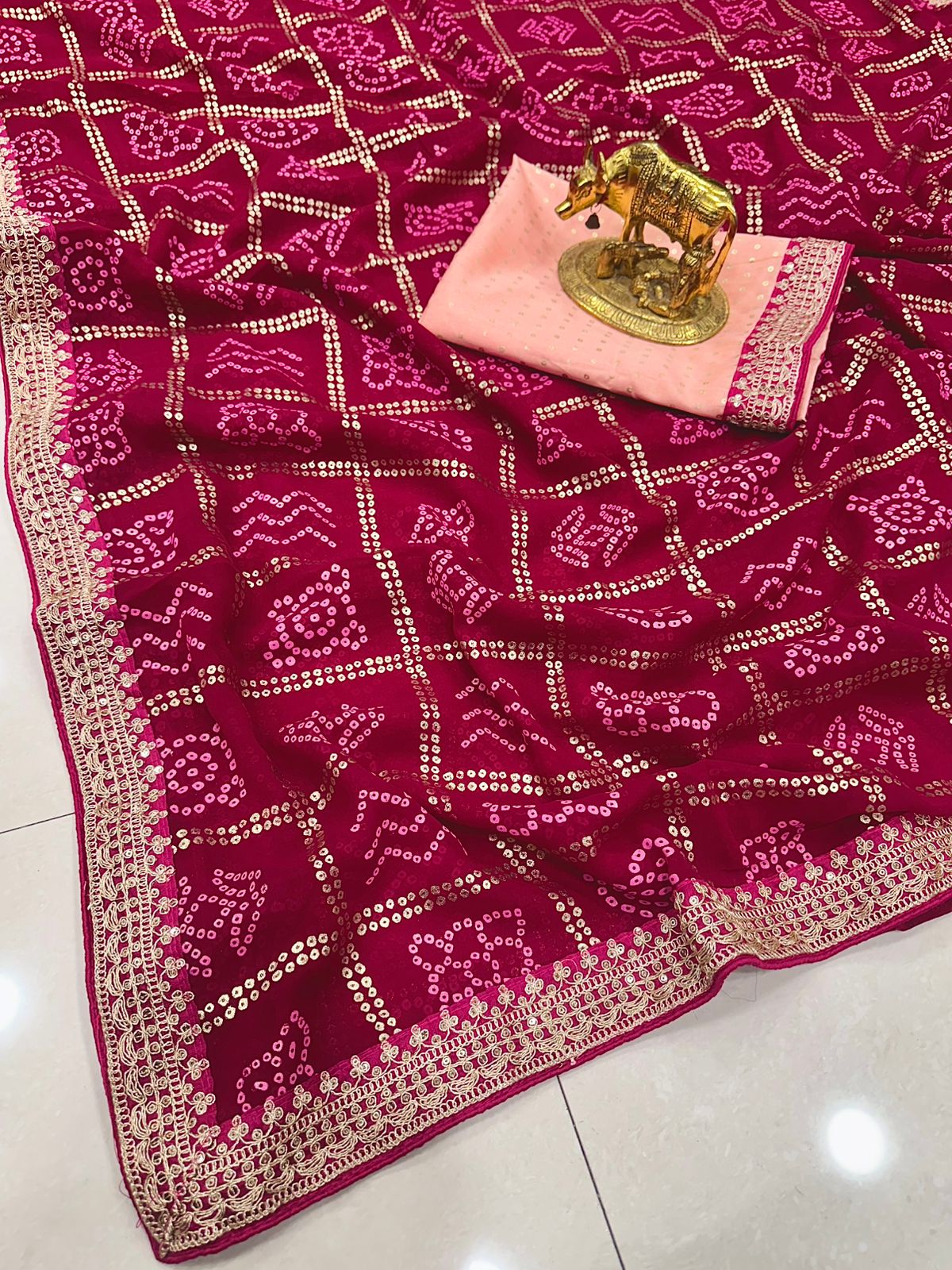 Beautiful Georgette Foli Printed Saree With Thread Zari Work Border