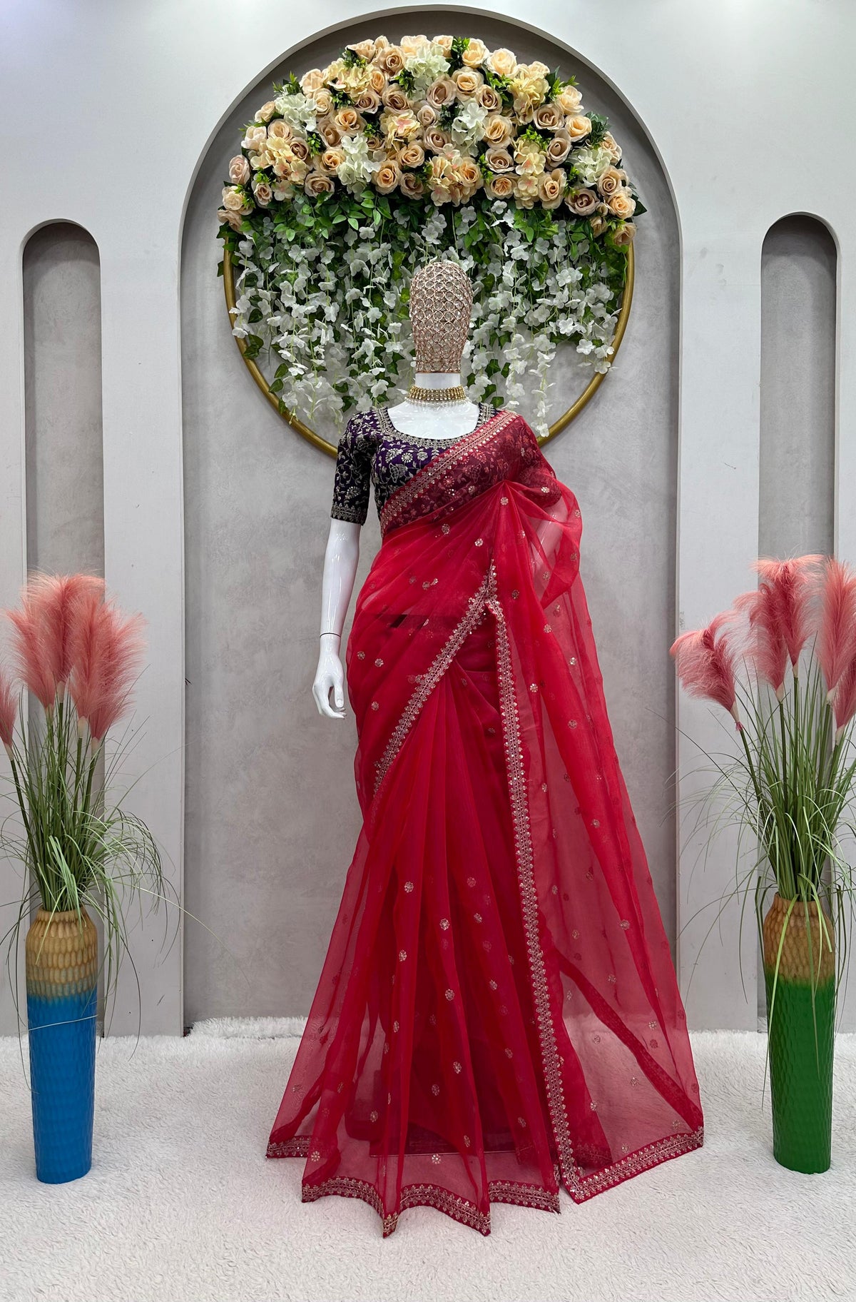 Ravishing Red Beautiful Designer Heavy Organza Silk Saree