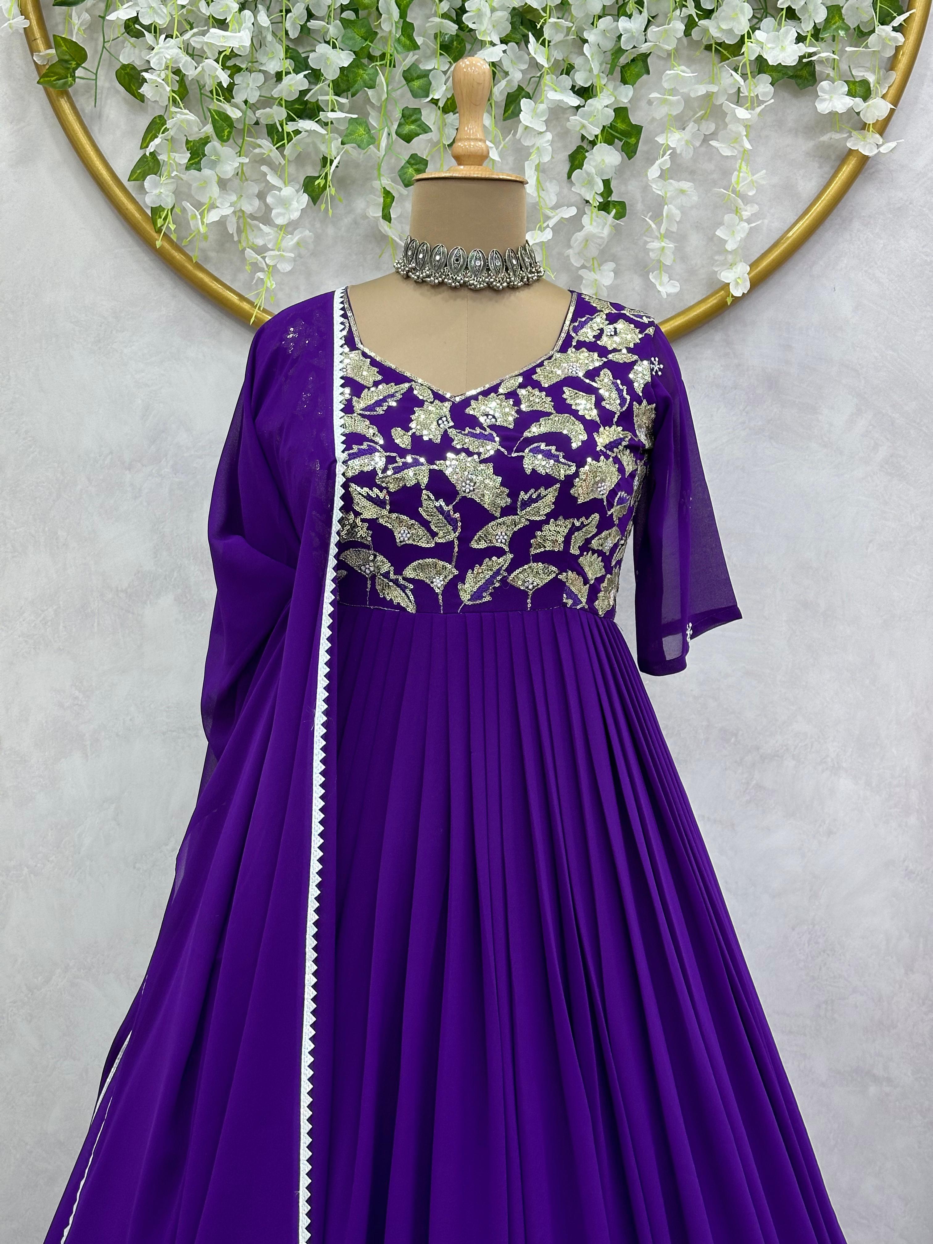 Dazzling Purple Georgette Thread With Sequence Work Gown