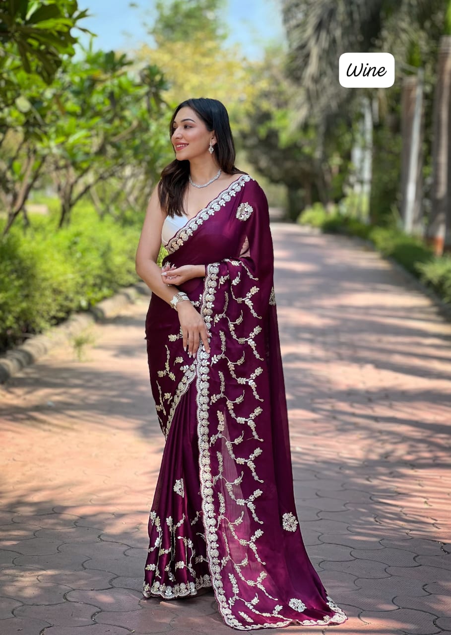 Beautiful Soft Satin Chiffon Blooming Coding Foil Thread Embroidery Work Saree