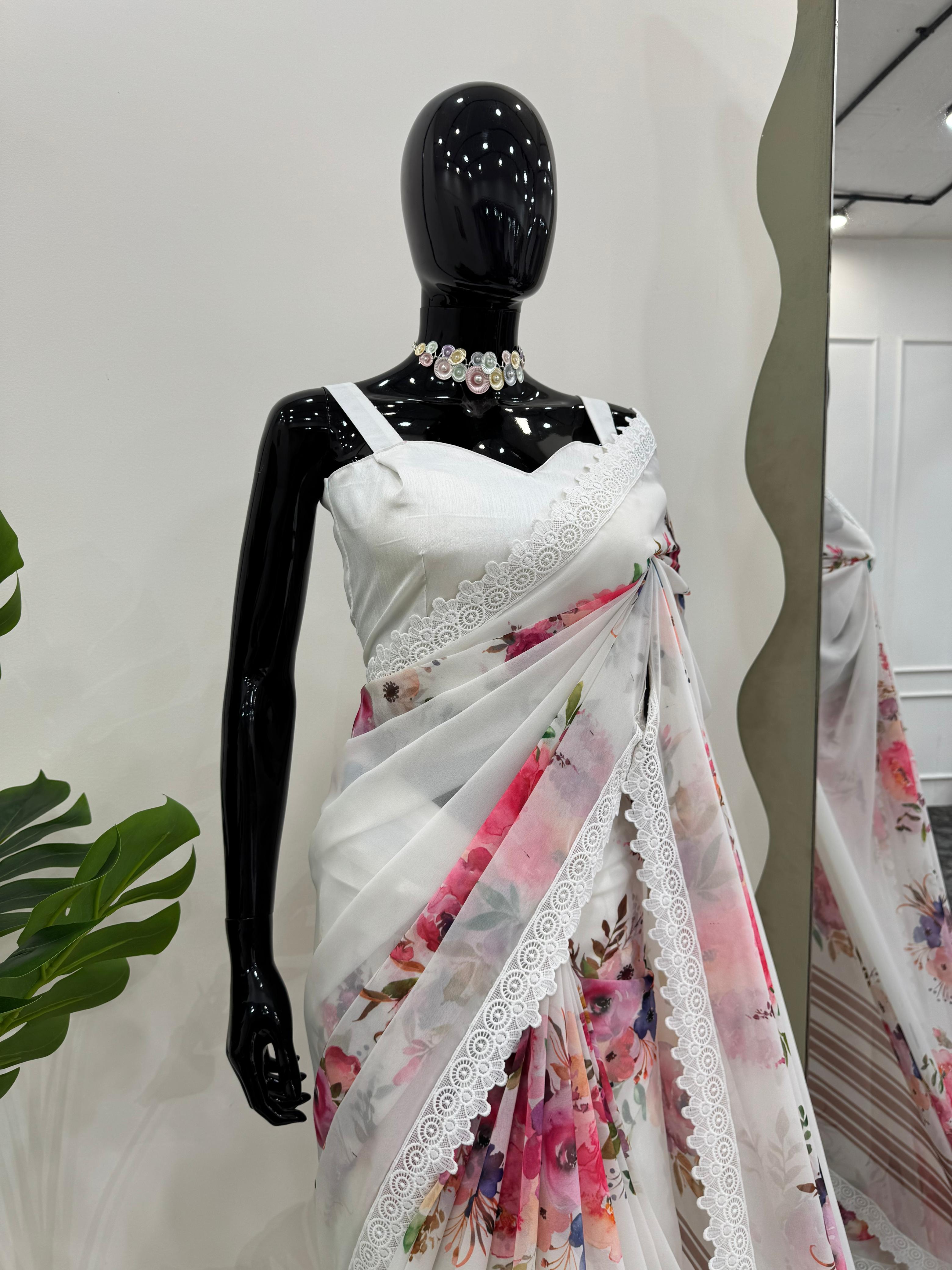 Beautiful White Georgette Digital Printed With Fancy Lace Border Saree